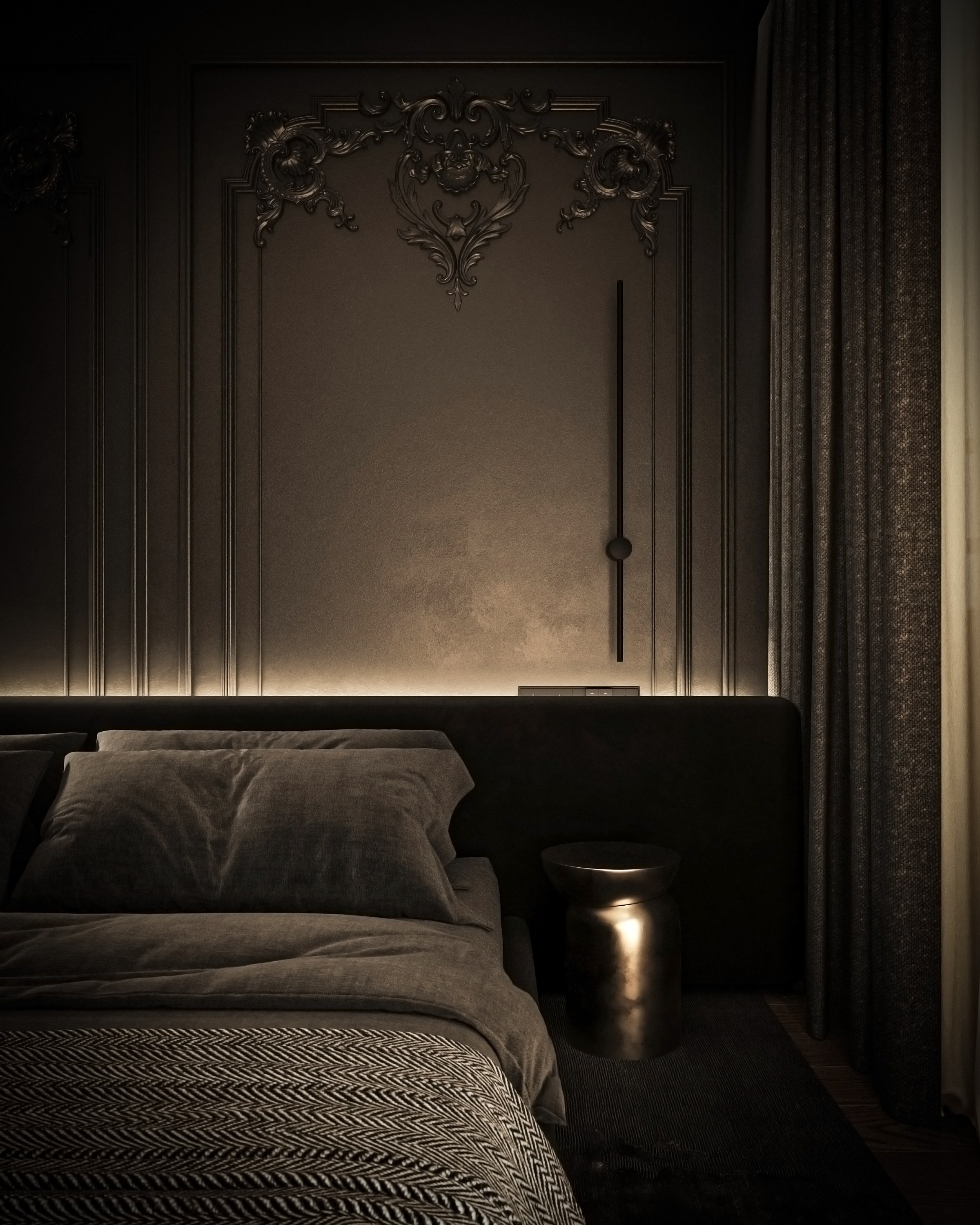 Черная спальня, Концептуальный проект. Дизайн интерьера и экстерьера в Санкт-Петербурге Яна Емельянова