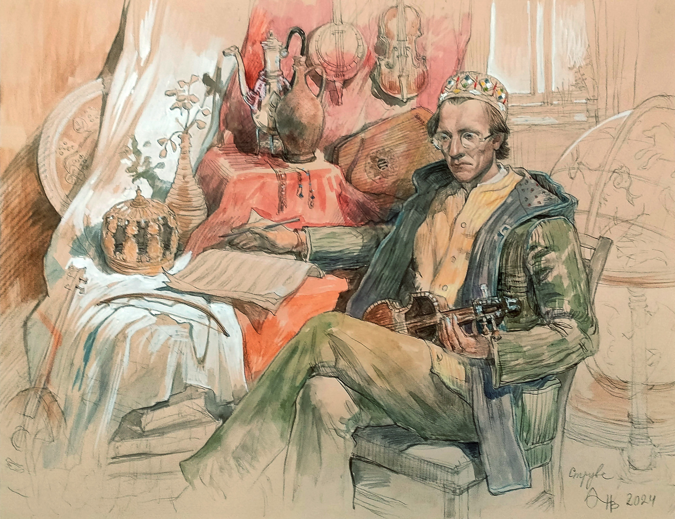 Коллекционер древностей. Крафтовая бумага, смешанная техника. 2024