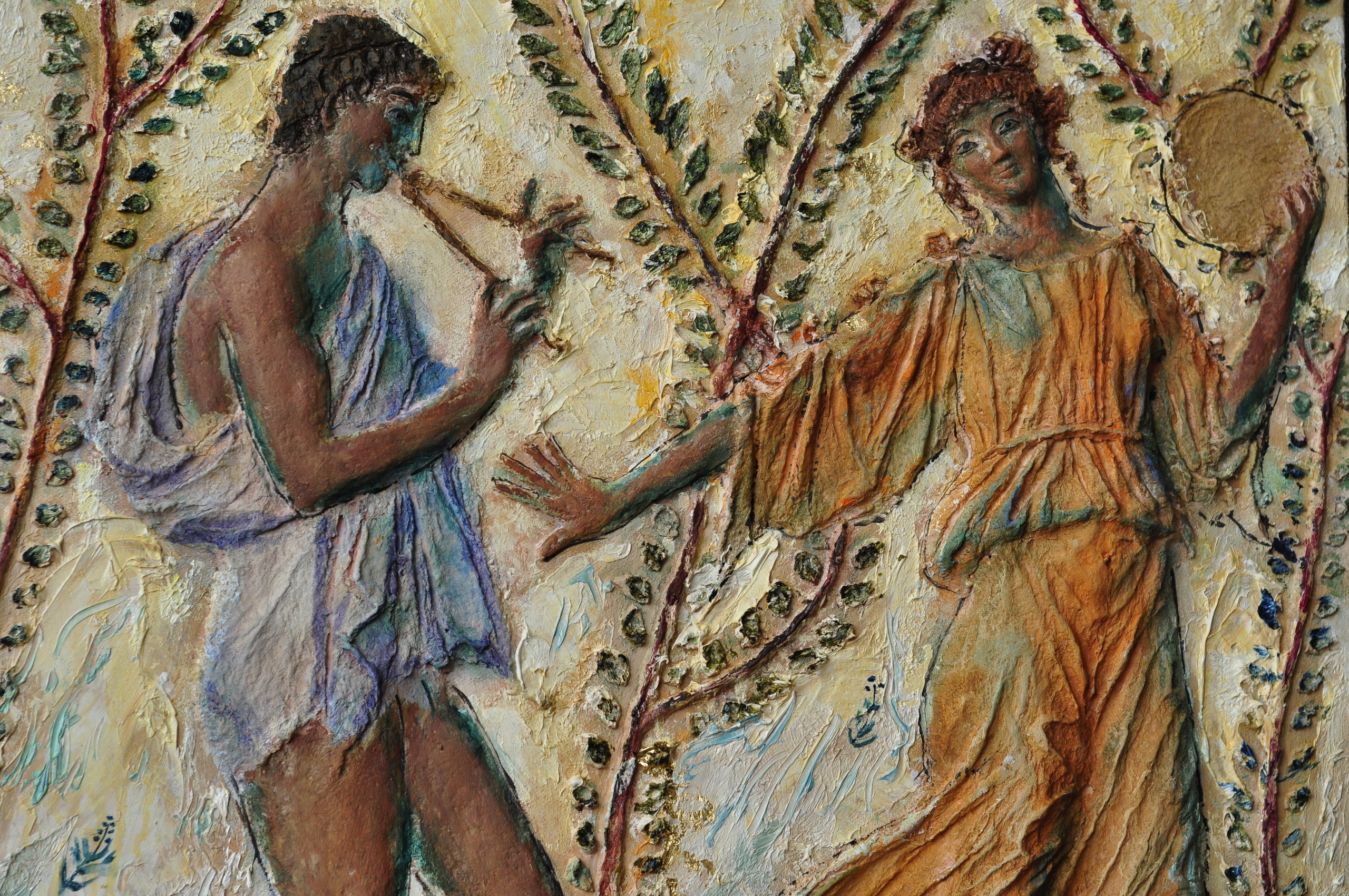 "Источник", фрагмент, холст, рельеф из целлюлозной массы, масло, 2026