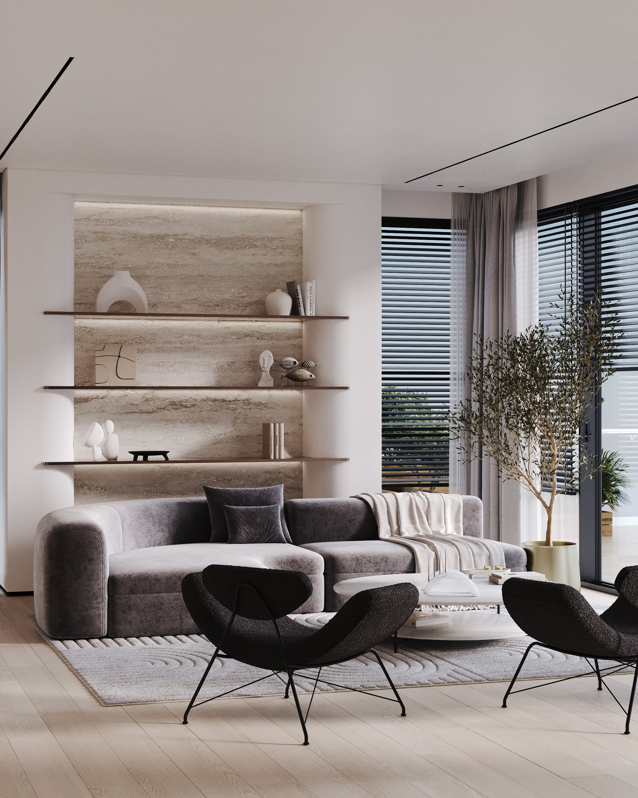 визуализация  кухни - гостиной в минималистичном современном  стиле 