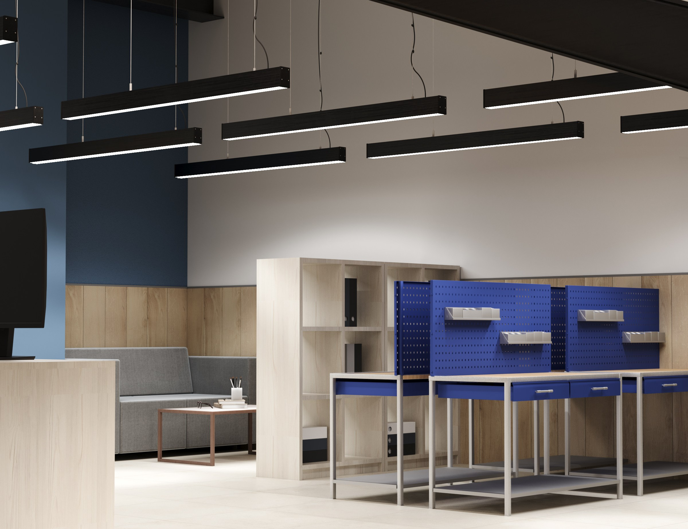 Рабочее пространство офиса с рабочими верстаками и подвесными лампами