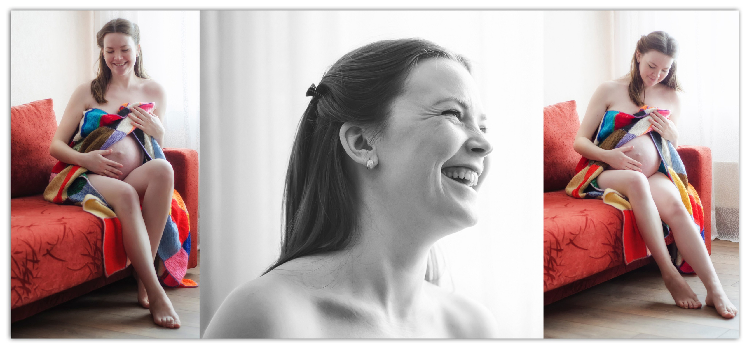 Беременная женщина на диване с ярким пледом, уютная атмосфера.