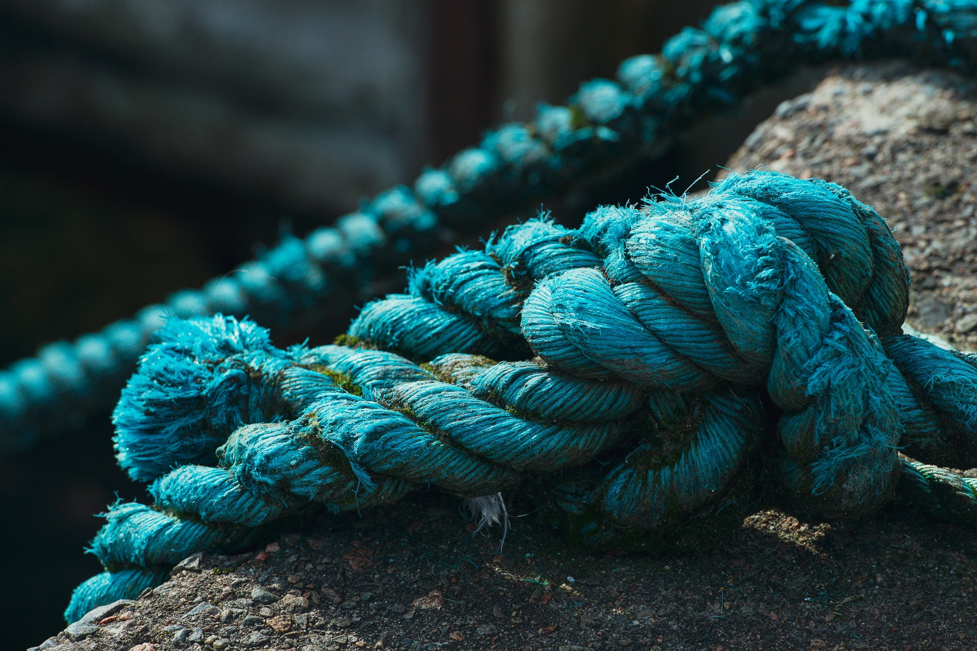 Декоративное макро-фото: крупный план узла ярко-бирюзового швартового каната, лежащего на текстурированной серой каменной поверхности на пристани в Шотландии, детализация волокон.