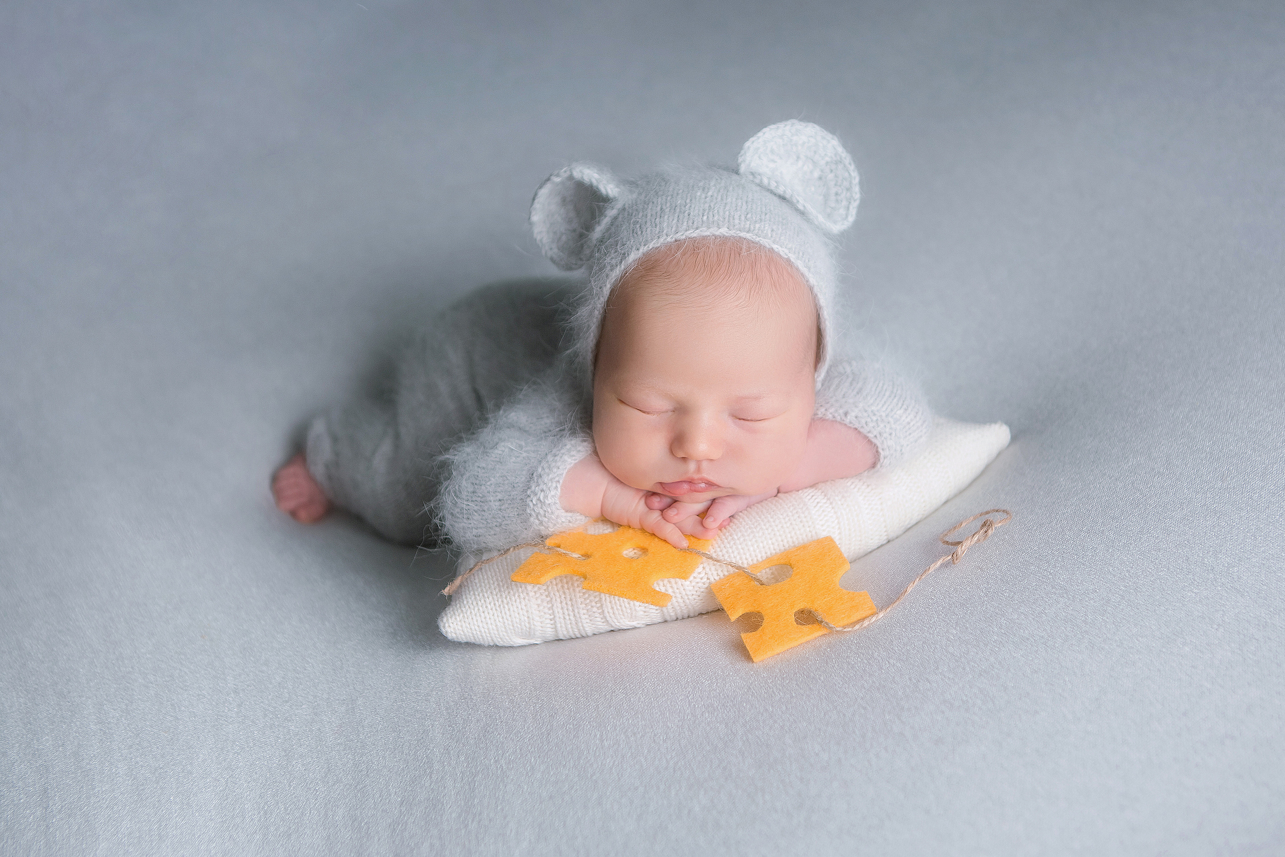 новорожденный малыш в костюме мышонка с игрушечным сыром