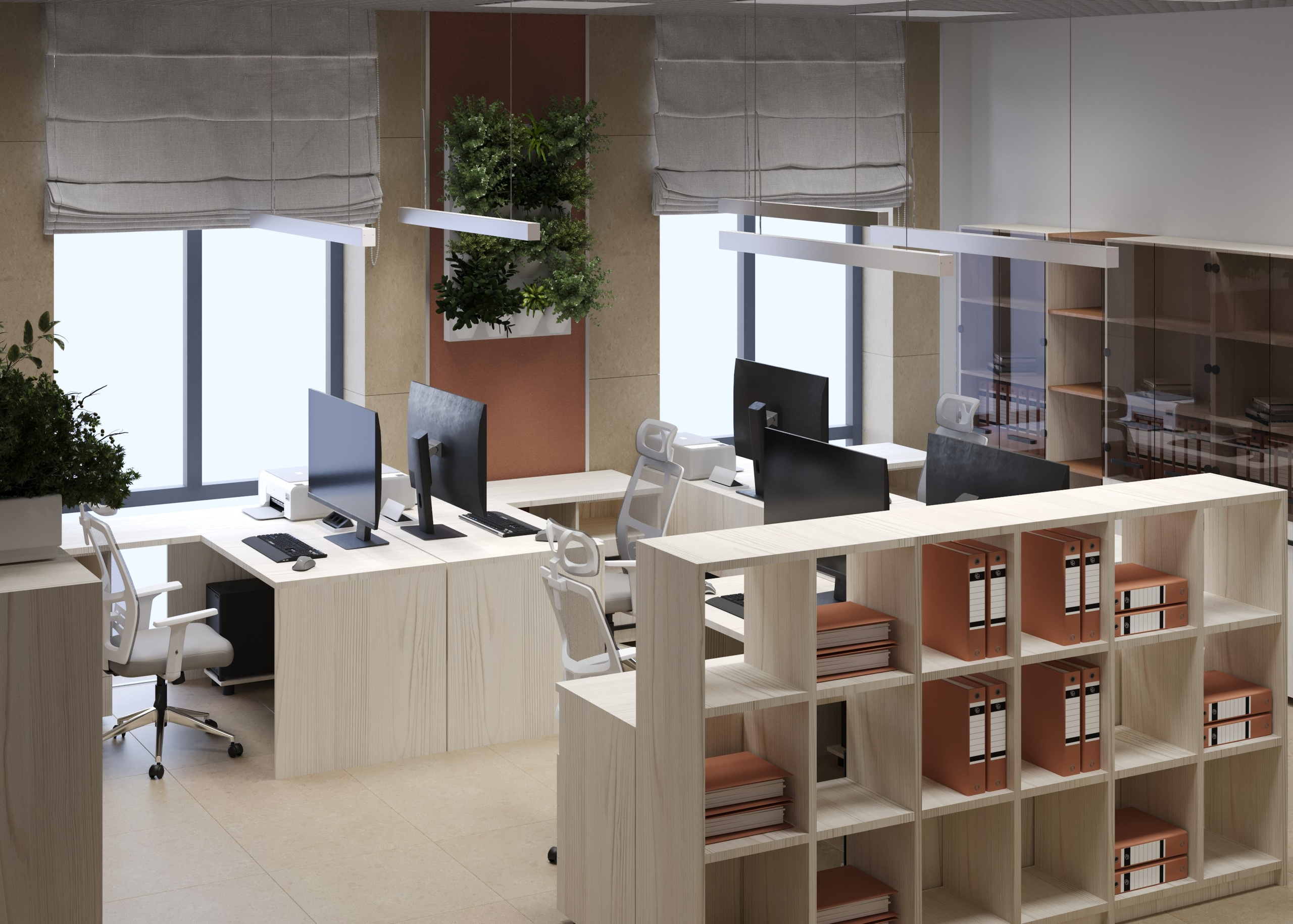 Современное офисное пространства бухгалтерии с рабочими местами, компьютерами и креслами