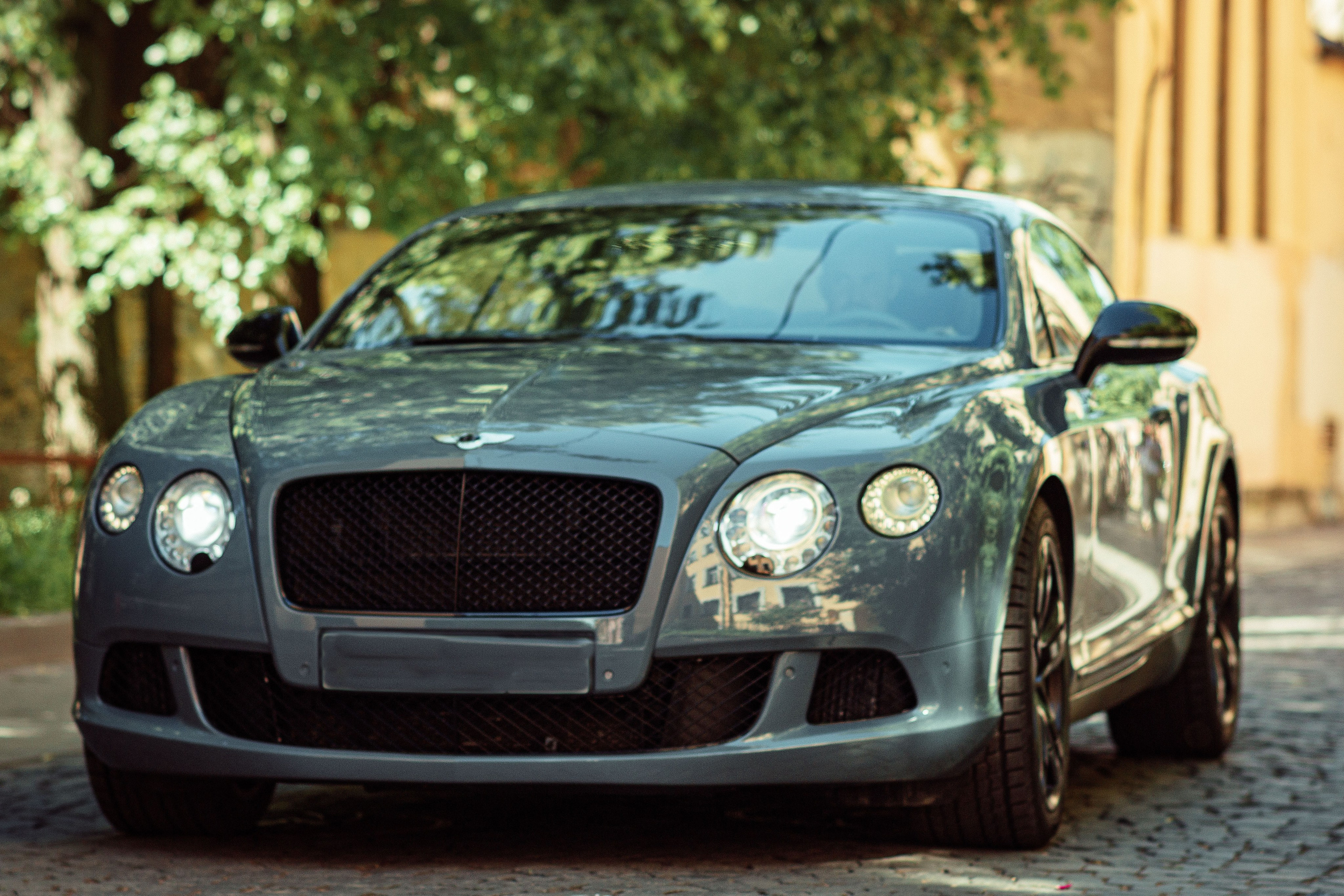Передняя оптика Bentley крупным планом — левая фара и крыло