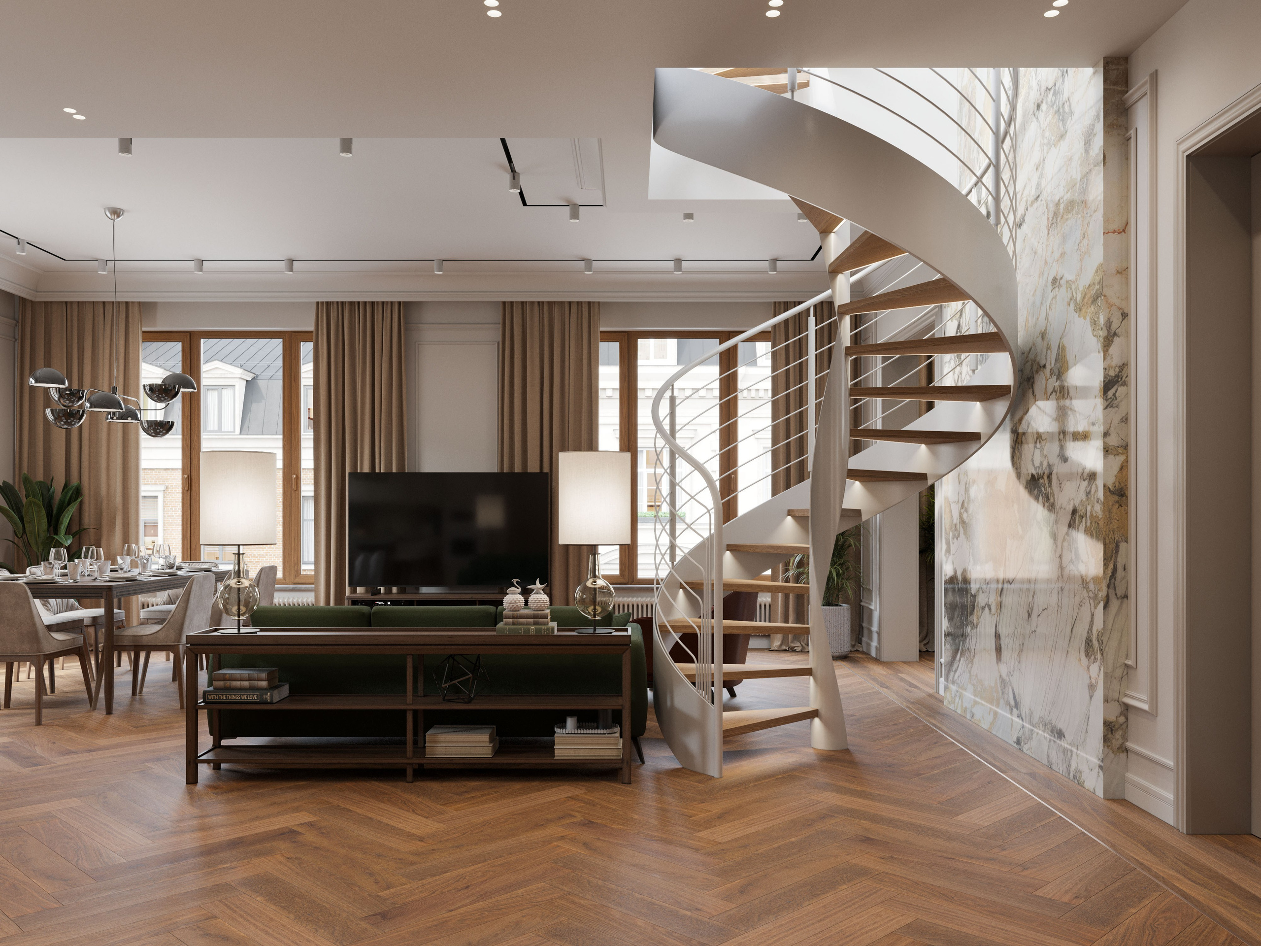 3D визуализация гостиной в неоклассическом стиле с винтовой лестницей в центре композиции