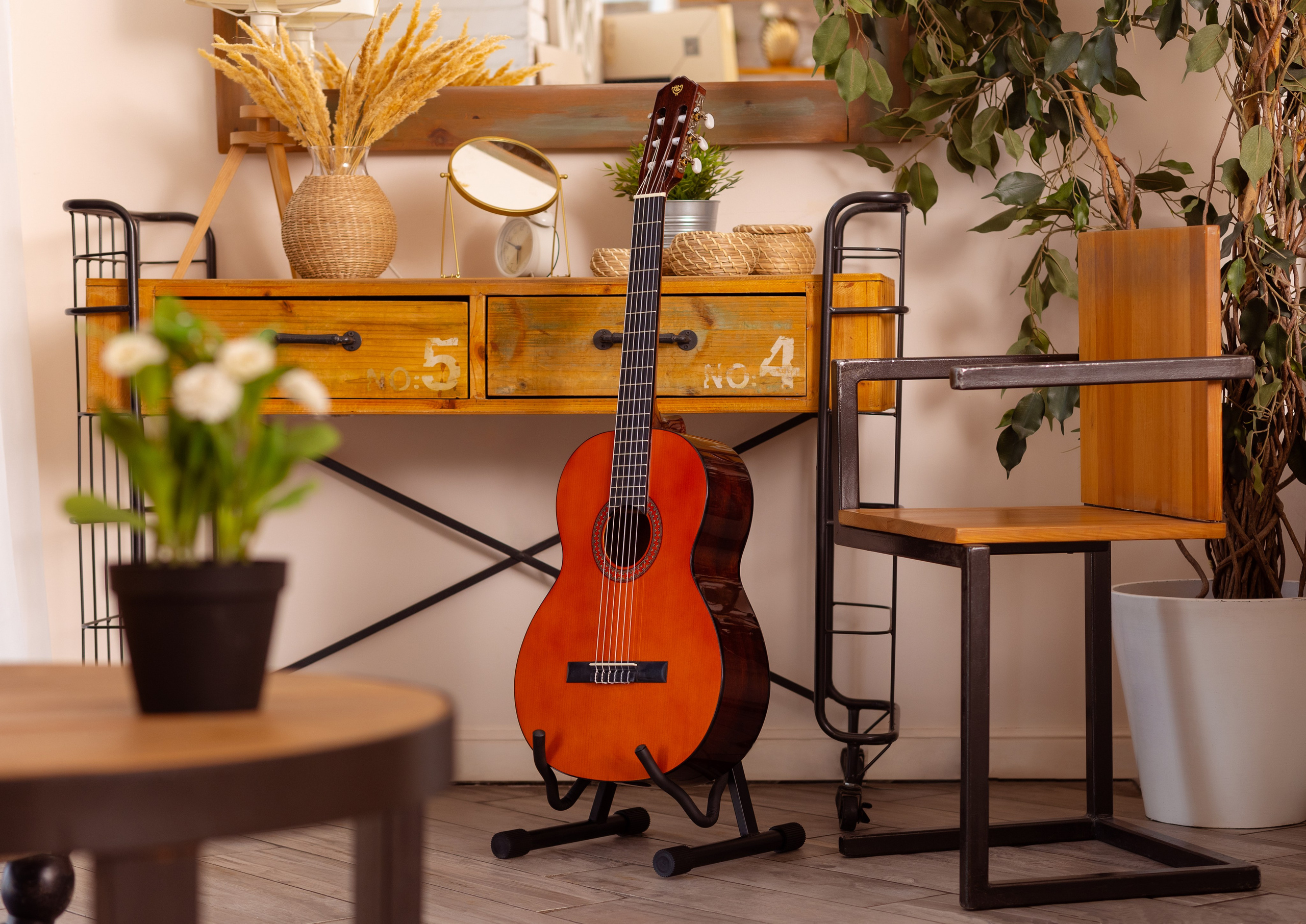 На подставке стоит классическая гитара у стены заполненной полками и цветами.