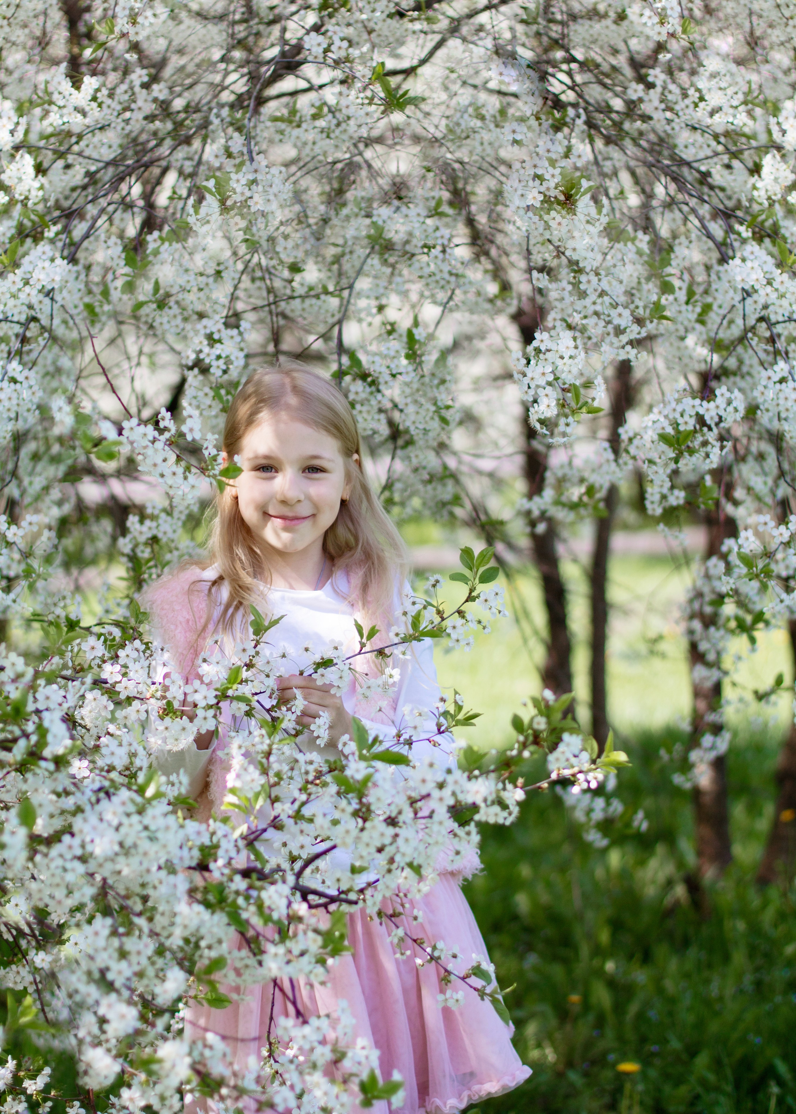 Детский портрет в цветущих вишнях