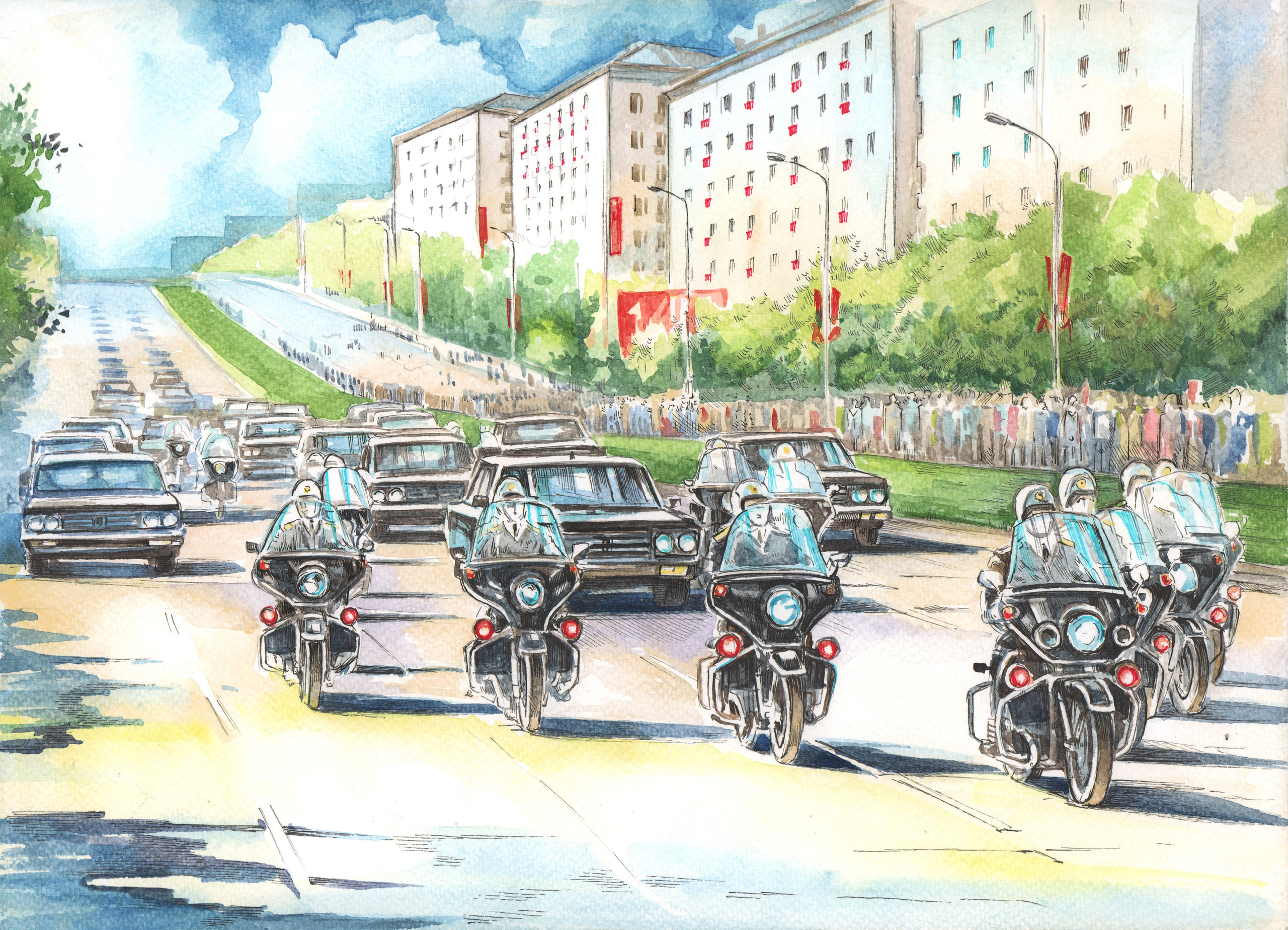Мотоциклы Почетного Эскорта — работы для музея ГОН. Художник Александр Петрунин