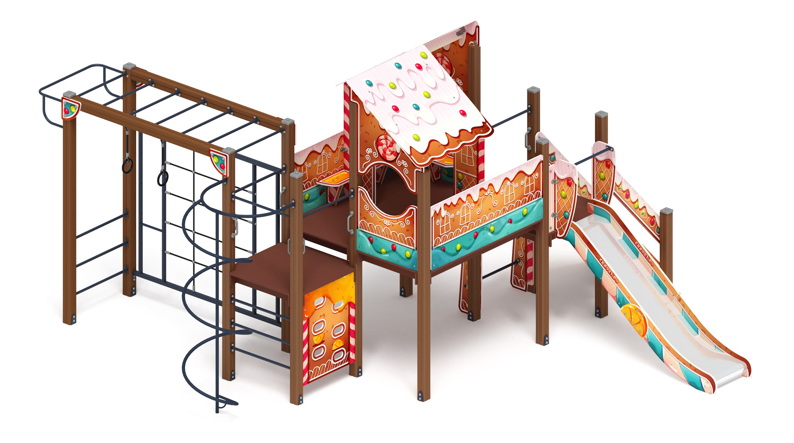 Теремок - ДИК 2.07.02-01 - Игровой комплекс H=1200                                                                                                                          Габариты (ШхДхВ): 6500x5615x3290                                                                                                                                                                      Зона безопасности, мм: 10000х8615                                                                                                                                                                          Скат горки: H=1200 (металлический скат)                                                                                                                                            Возрастные ограничения от 5 до 12 лет