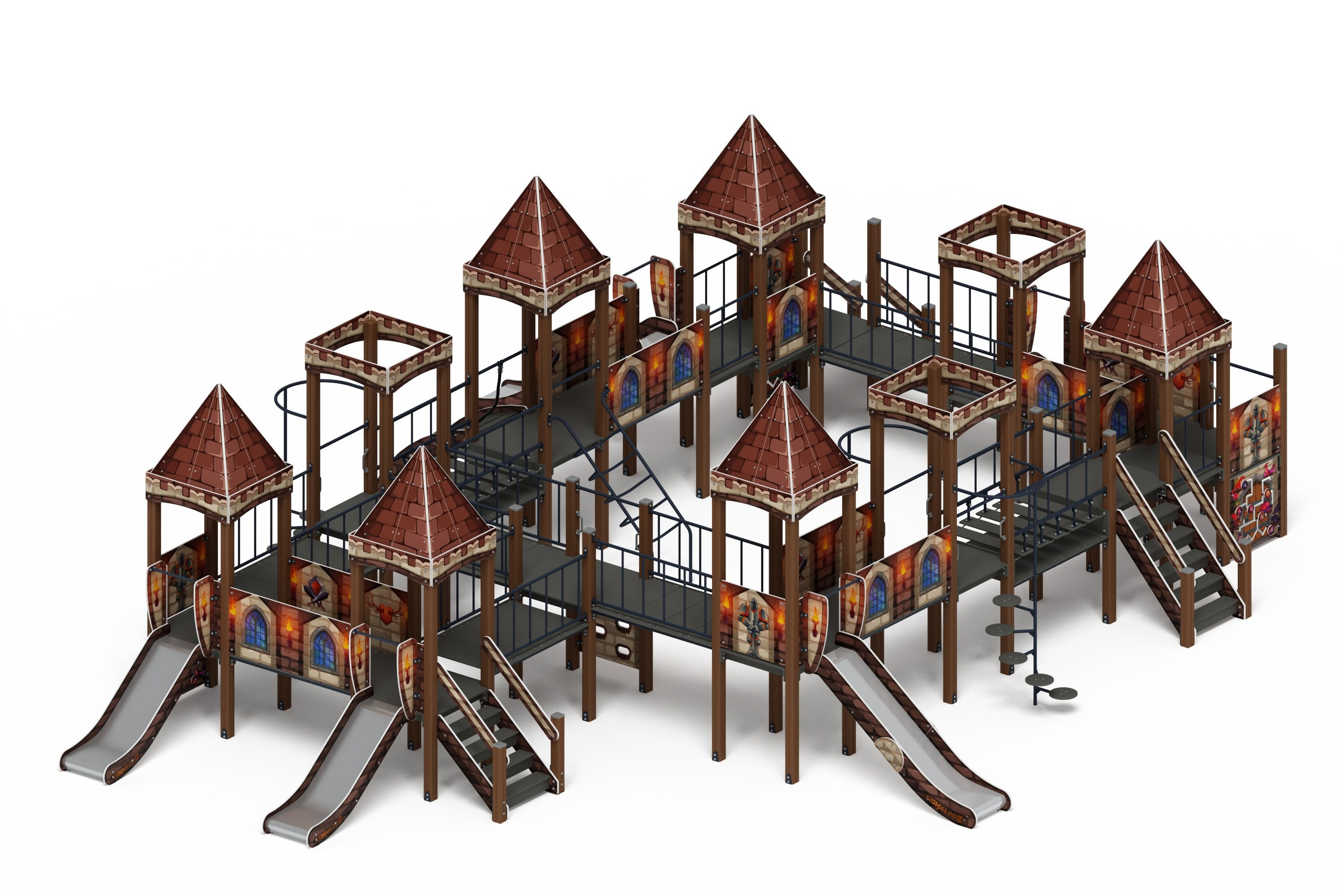Замок (Средневековый) - ДИК 2.18.11-02 - Игровой комплекс H=900 H=1200                                                                                             Габариты (ШхДхВ): 13660x10200x3960                                                                                                                                                                     Зона безопасности, мм: 17660х14200                                                                                                                                                             Скат горки: H=900 (металлический скат) / H=1200 (металлический скат)