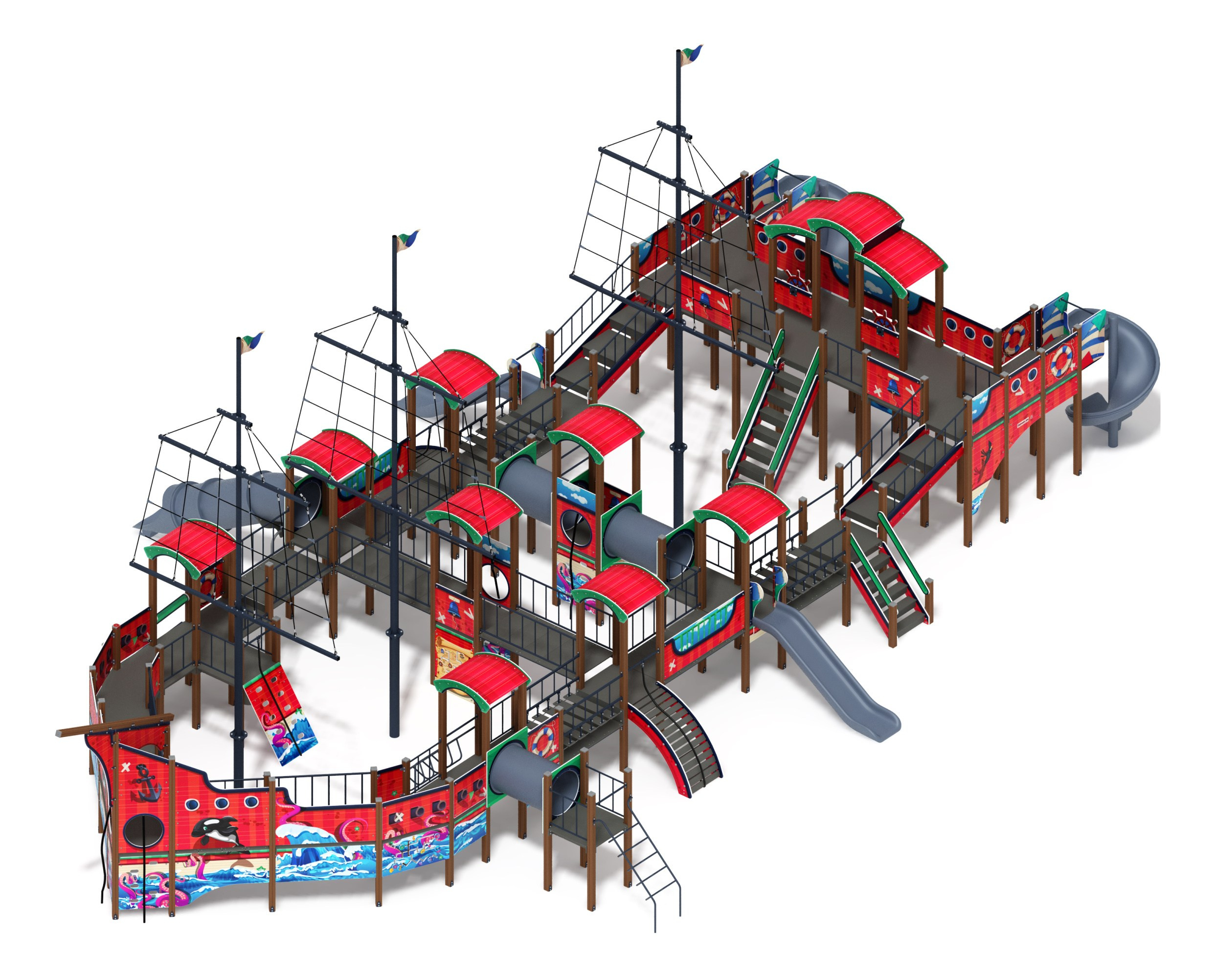 Баркентина (Мульт) - ДИК 2.03.3.06-10.И1 - Игровой комплекс (Винтовой скат) H=1200, Н=1500, Н=2000                                                                             Габариты (ШхДхВ): 22870х13850х9450                                                                                                                                                                      Зона безопасности, мм:  25870х17350                                                                                                                                                               Скат горки: H=1200 (прямой скат) / H=1500 (винтовой скат) / H=2000 (винтовой скат)                                                                                                                                           Возрастные ограничения от 5 до 12 лет