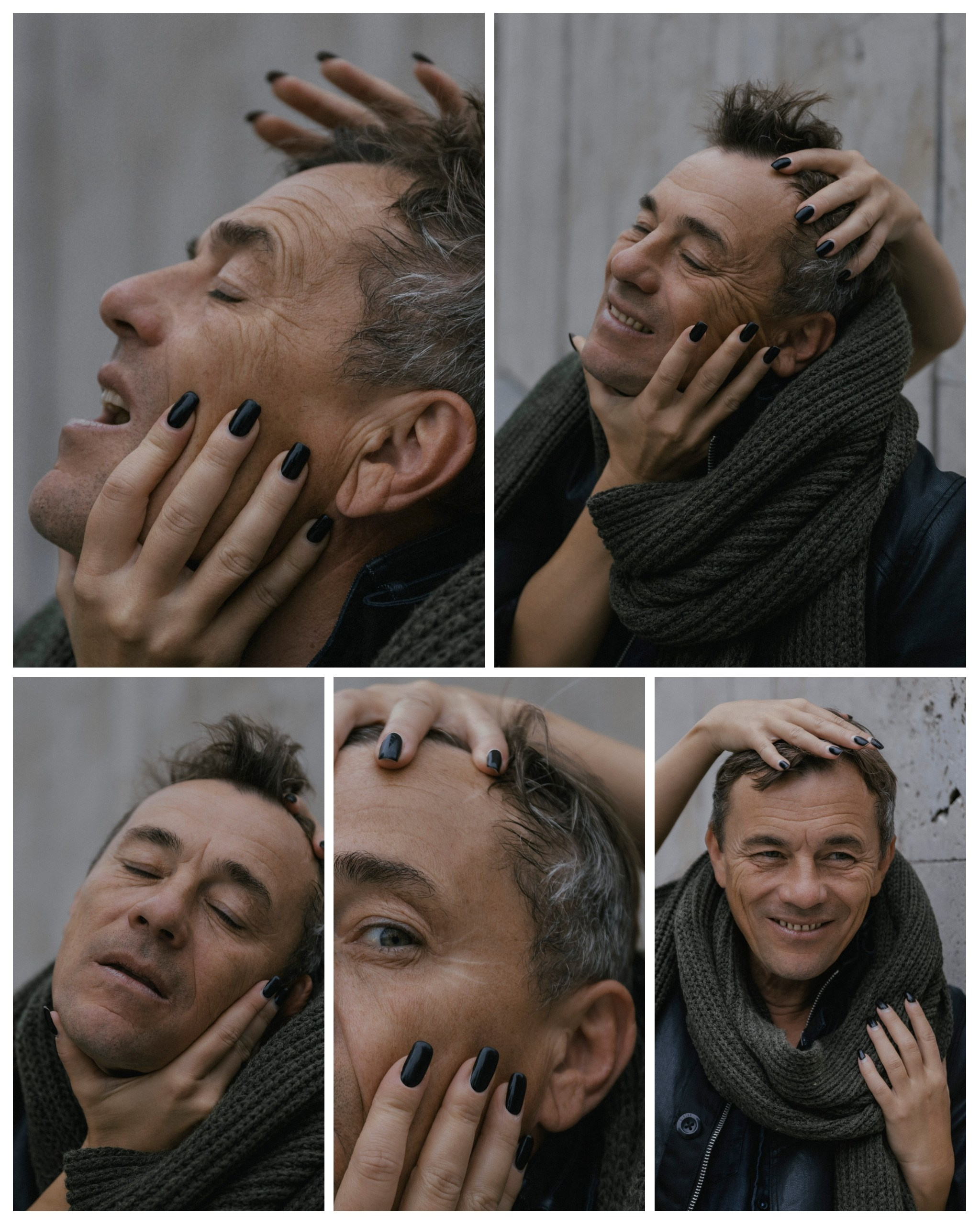 женские руки у лица мужчины, женщина держит мужчину за лицо