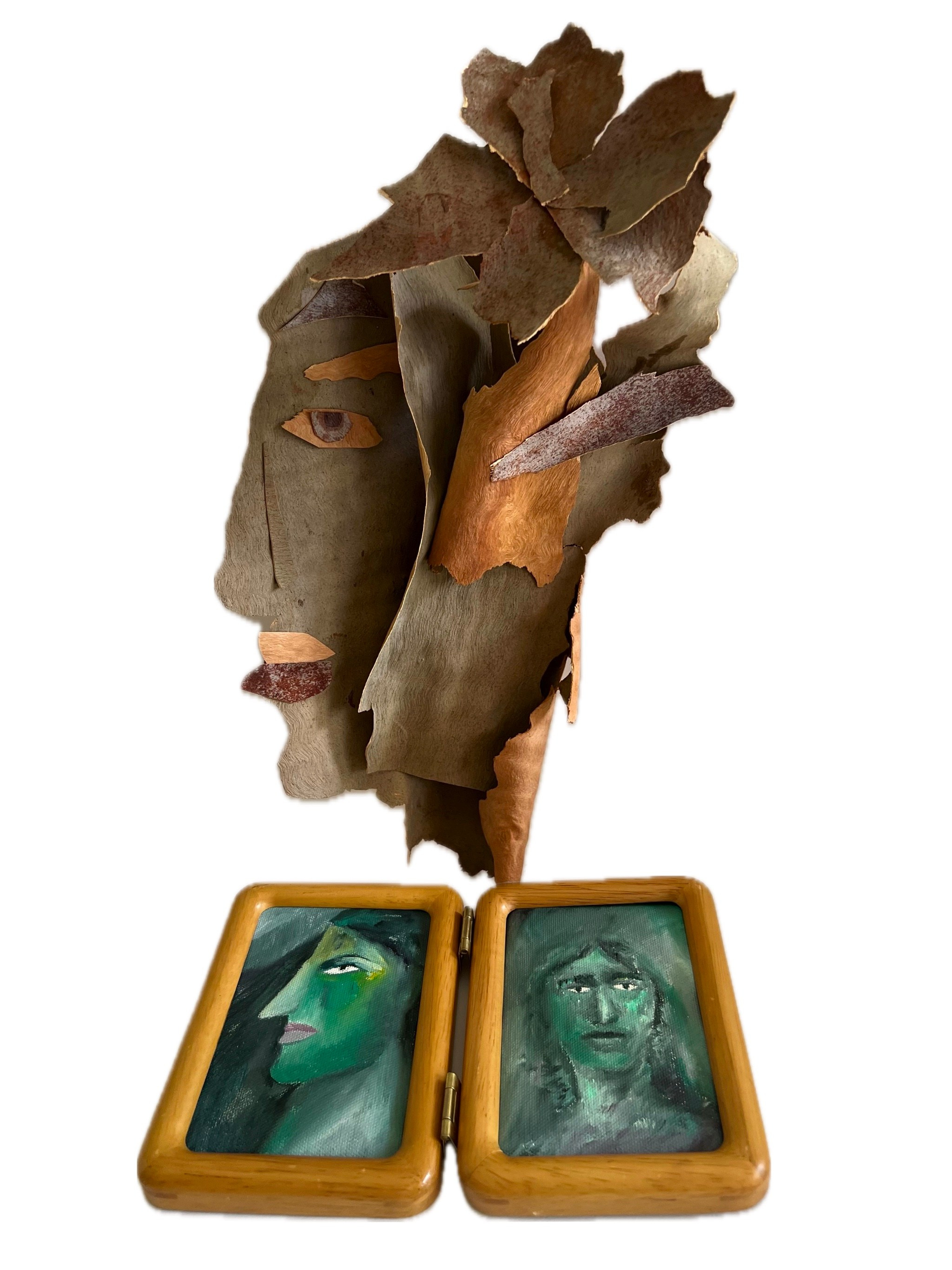 My fragile skin and about myself, 2025. bark, glue and oil on canvas