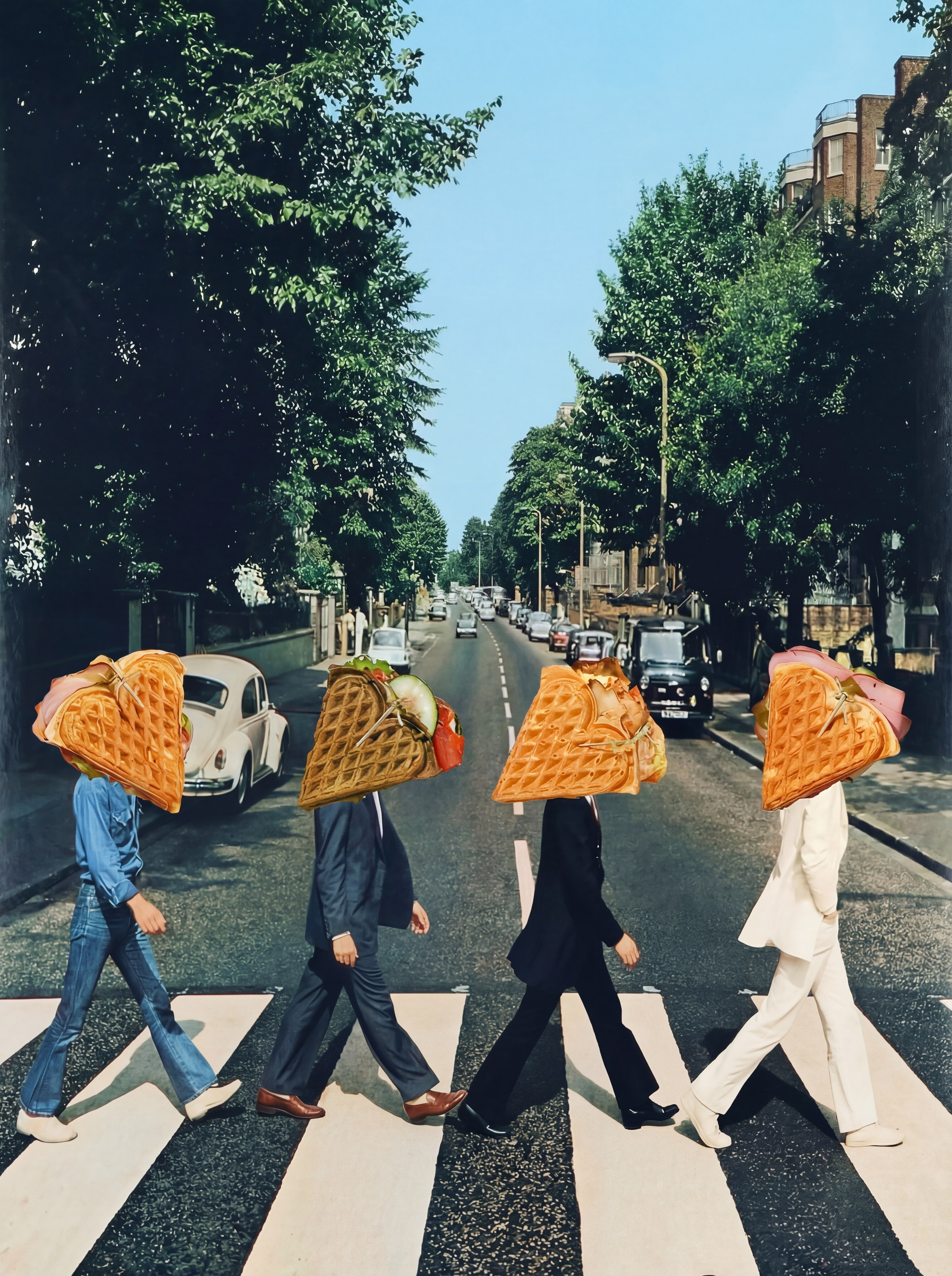 уличная брендинговая AI-съёмка: группа людей на пешеходном переходе , креатив для кафе