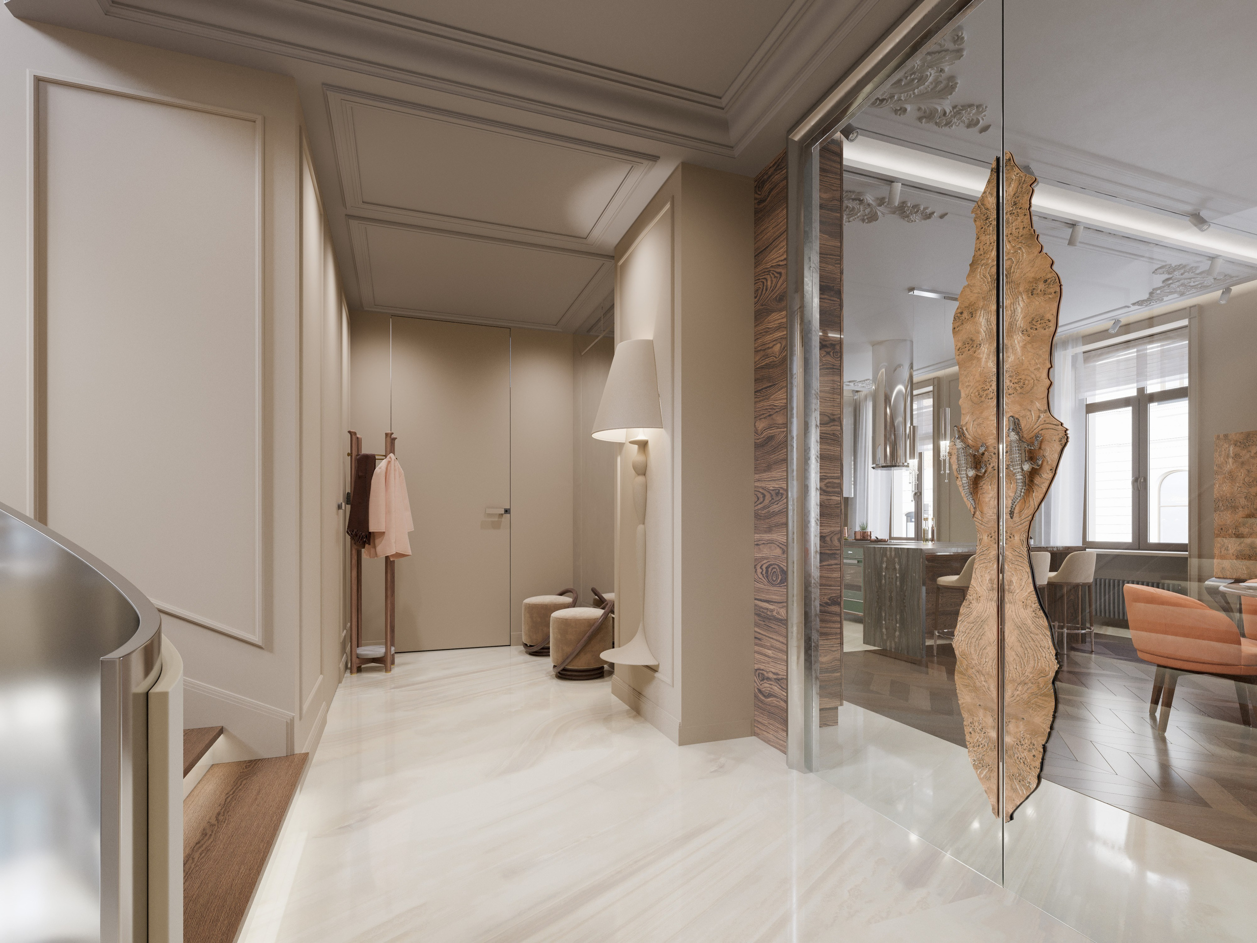 Проект прихожей в двухэтажной квартире: встроенная система хранения, зеркало в полный рост.