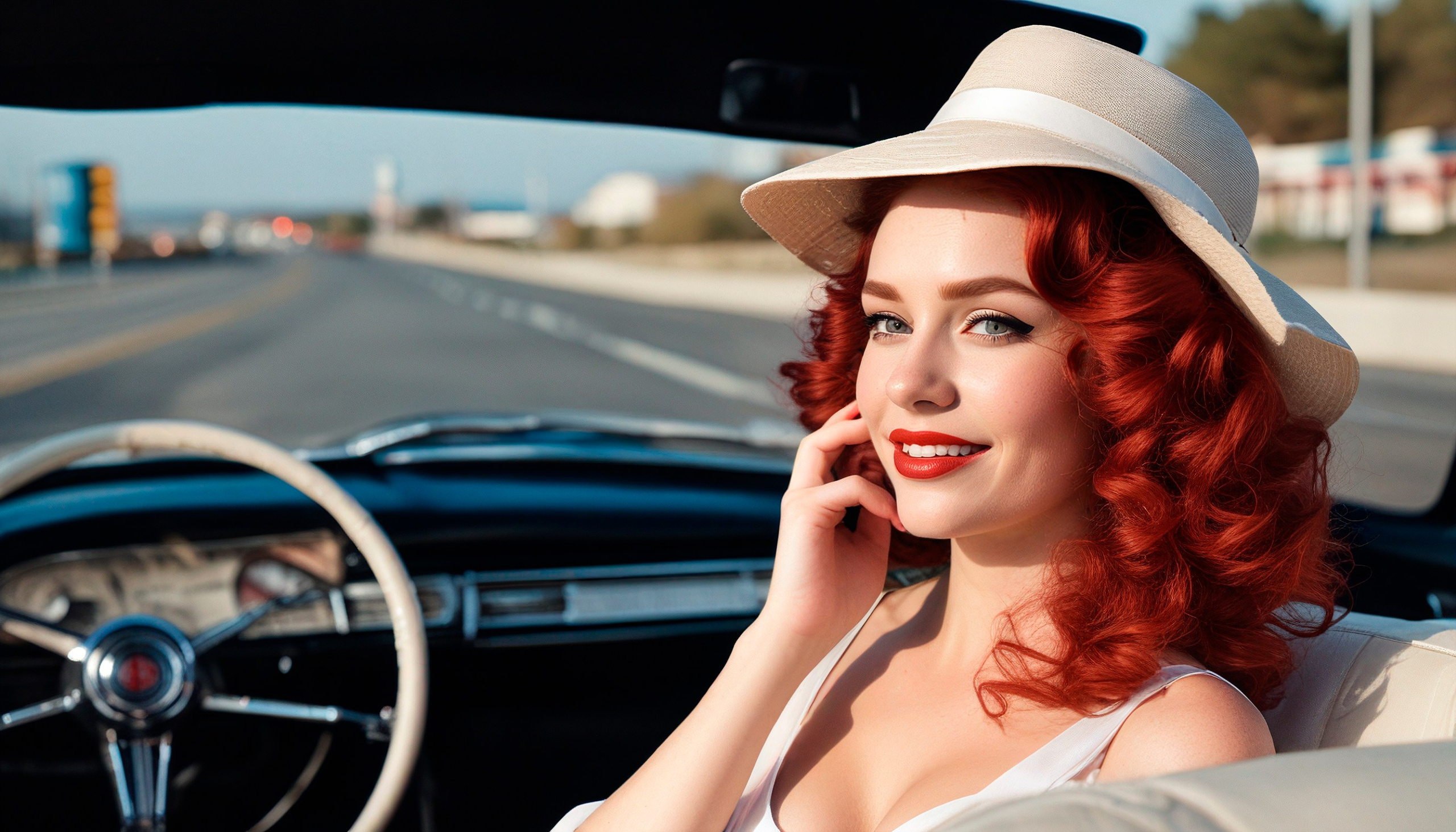 A red-haired girl in a hat in the cabin of a convertible, summer, America of the 50s...