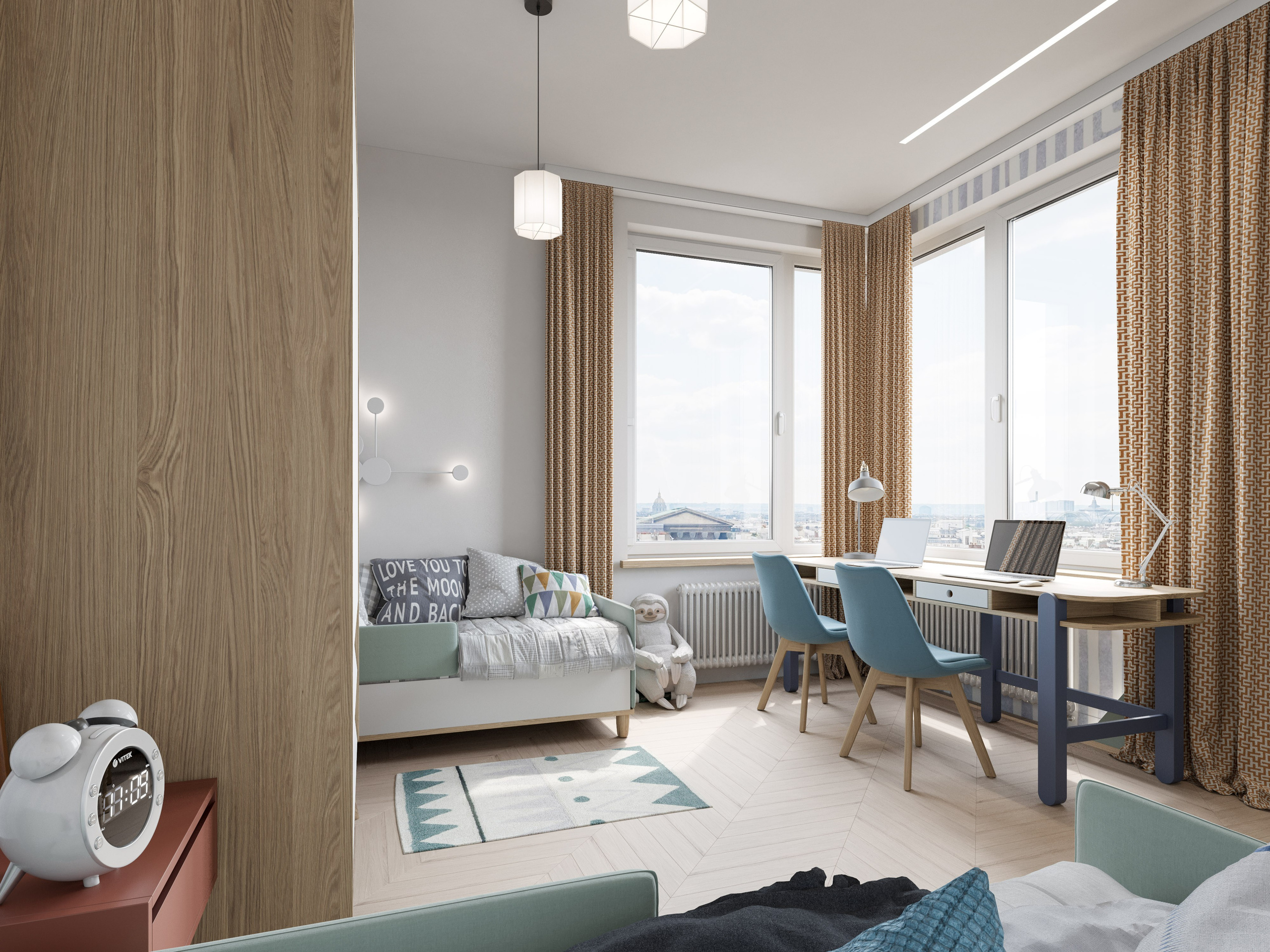 3D визуализация учебного уголка в детской с деревянным столом и мягкими стульями