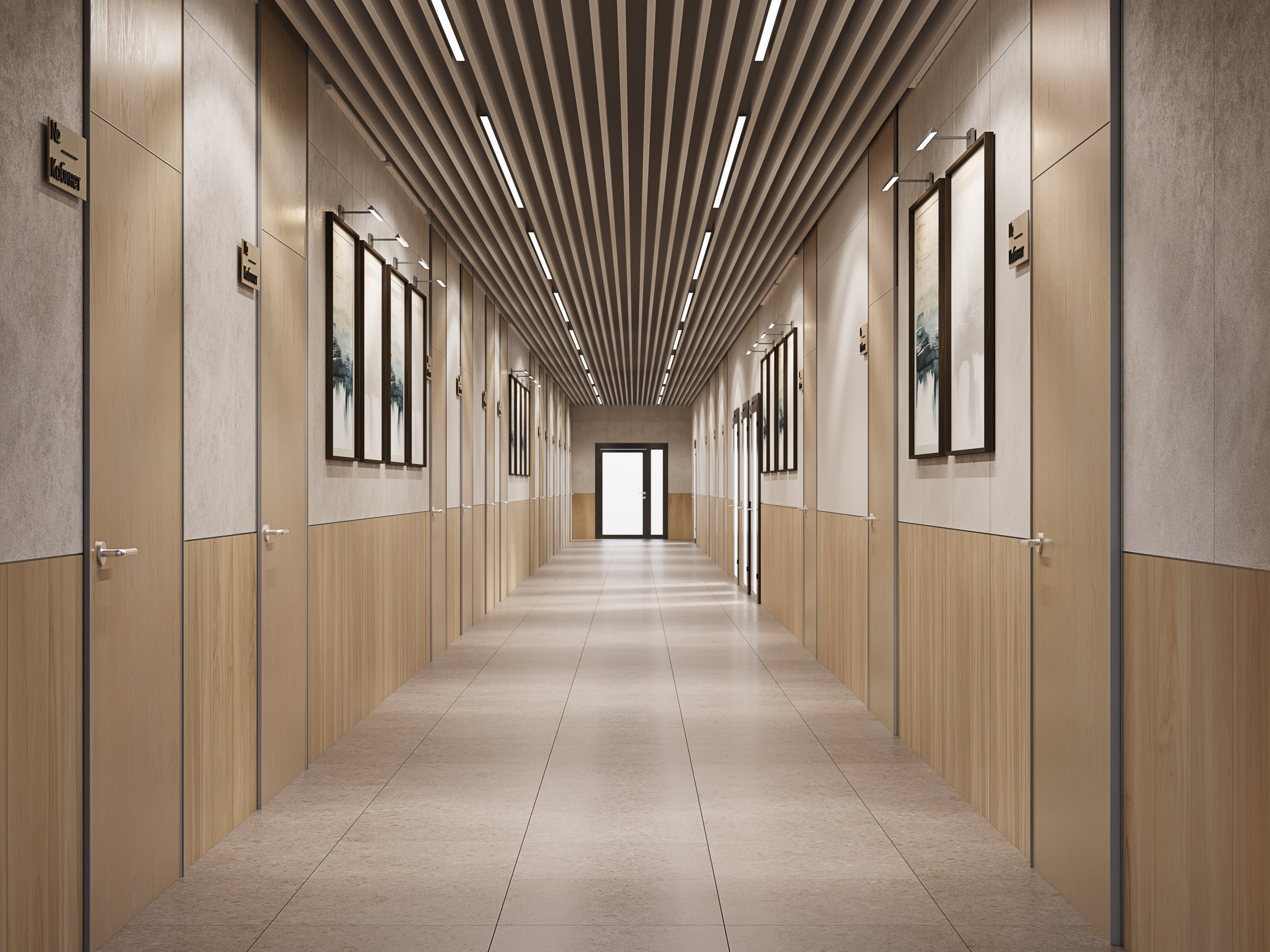 Рендер длинного офисного коридора с деревянными дверями по обеим сторонам и подвесным потолком
