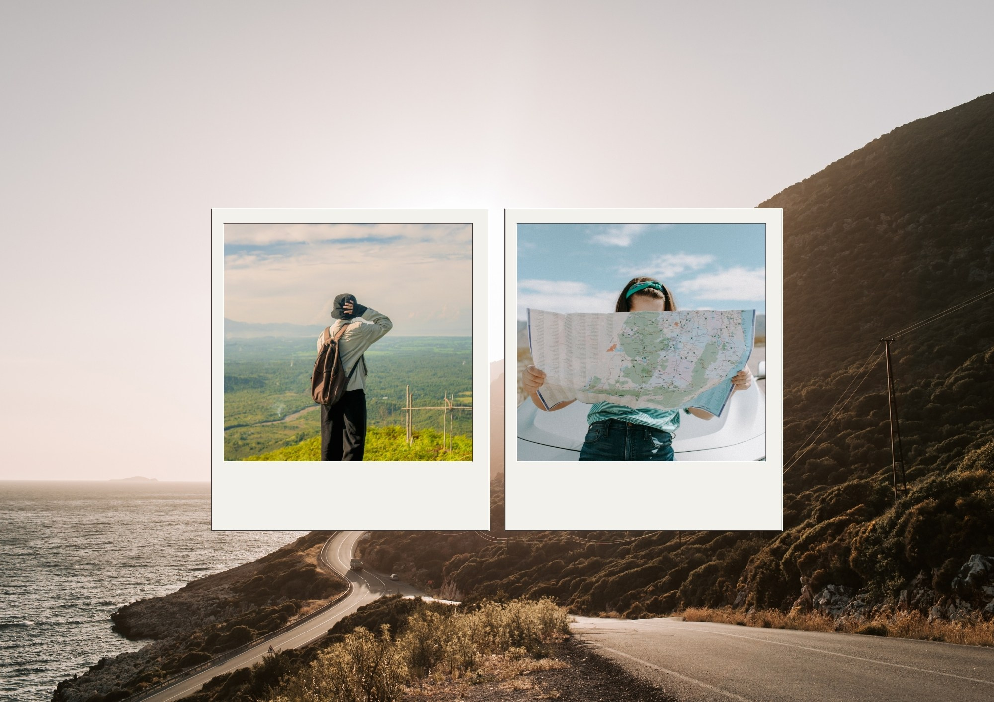 Путешественники с картой на фоне горной прибрежной дороги