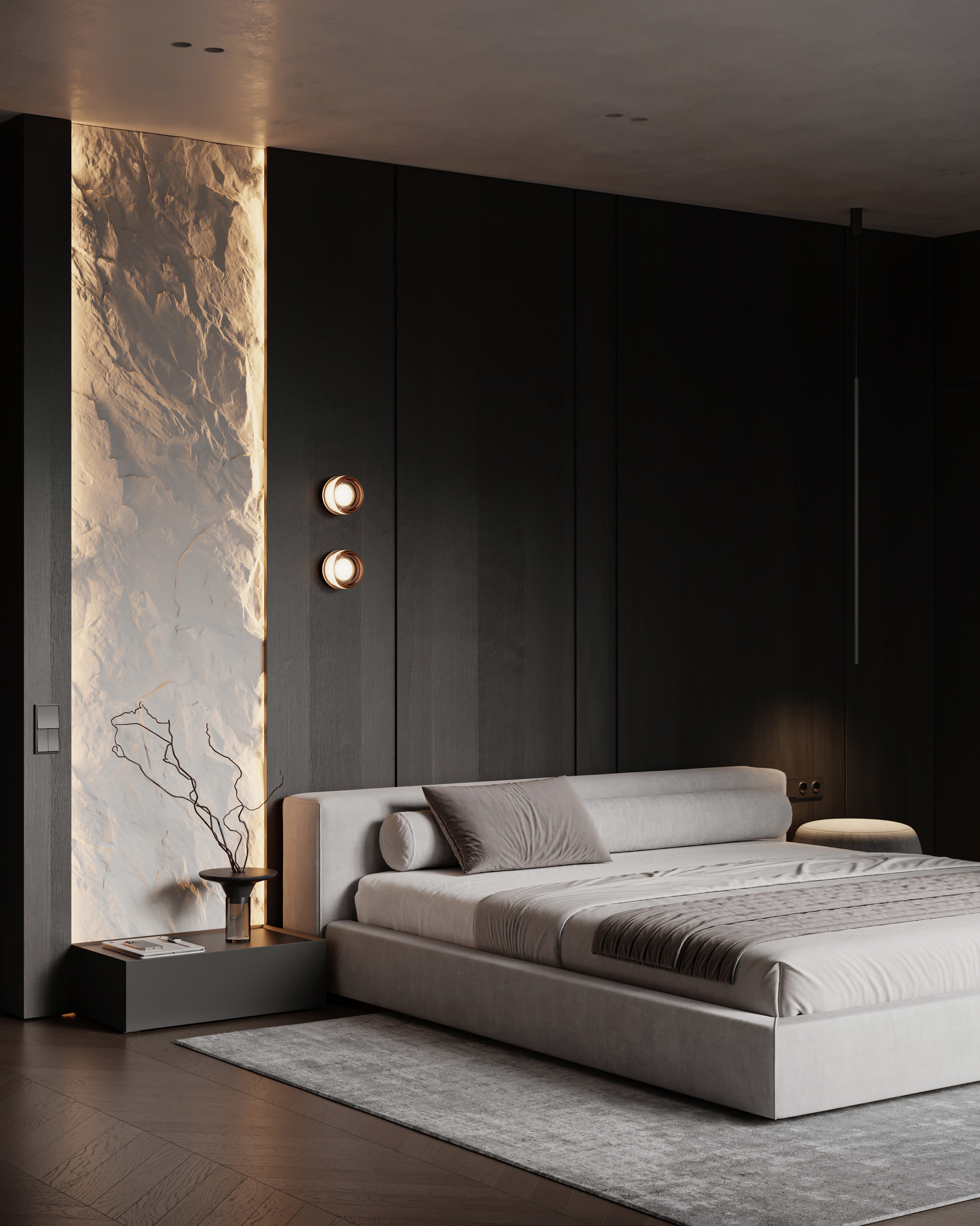 Дизайн интерьера современной спальни в темных тонах со скалой