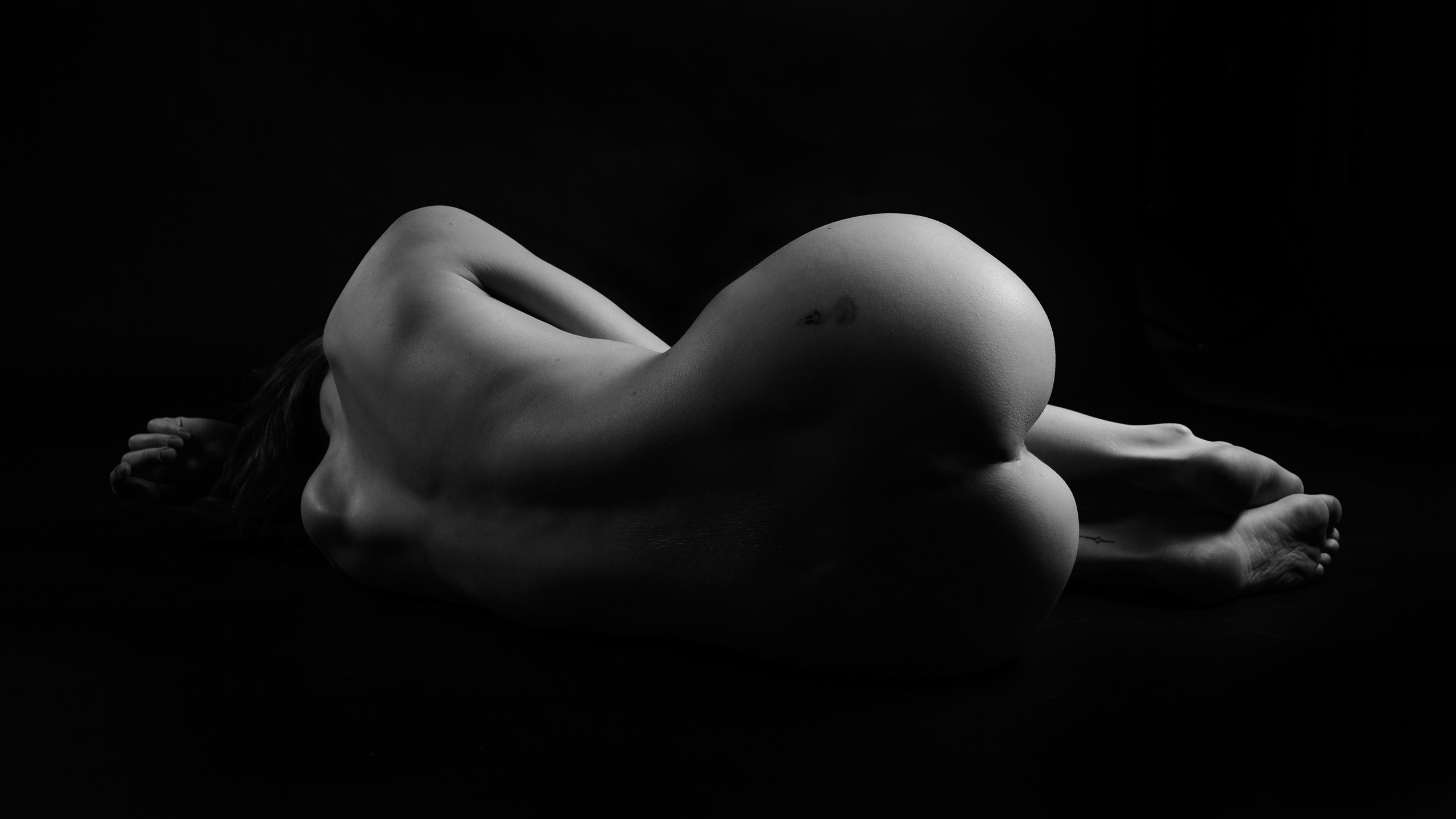 Черно-белая ню фотография с изящными линиями силуэта и мягким контуром