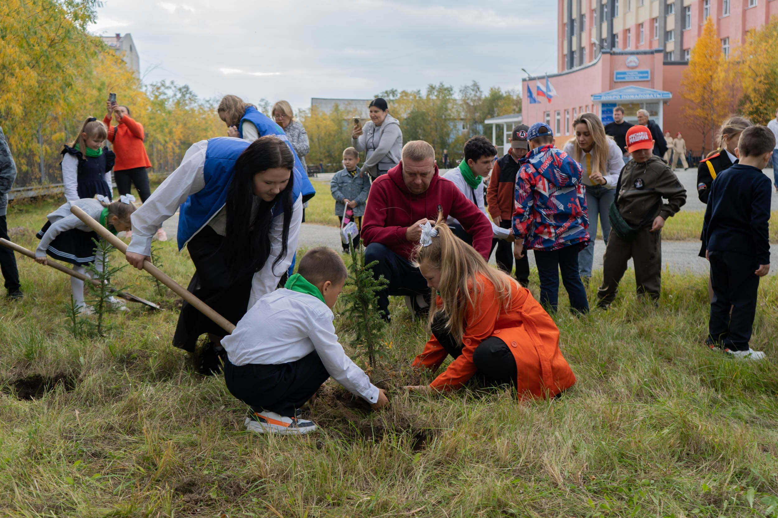 Высадка деревьев у школы. Фотограф Екатерина Зорина