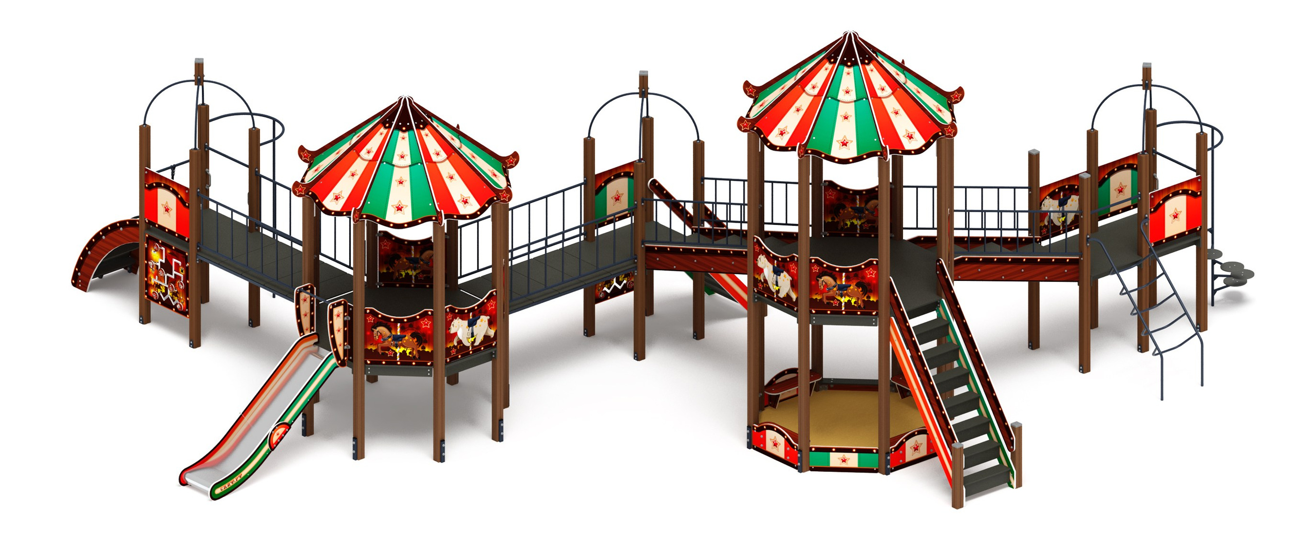 Карнавал (шапито) - ДИК 2.22.07-01 - Игровой комплекс H=1200                                                                                                           Габариты (ШхДхВ): 12970х11610х5100                                                                                                                                                                     Зона безопасности, мм: 15970х15110                                                                                                                                                                    Скат горки: H=1200 (металлический скат)                                                                                                                                             Возрастные ограничения от 5 до 12 лет