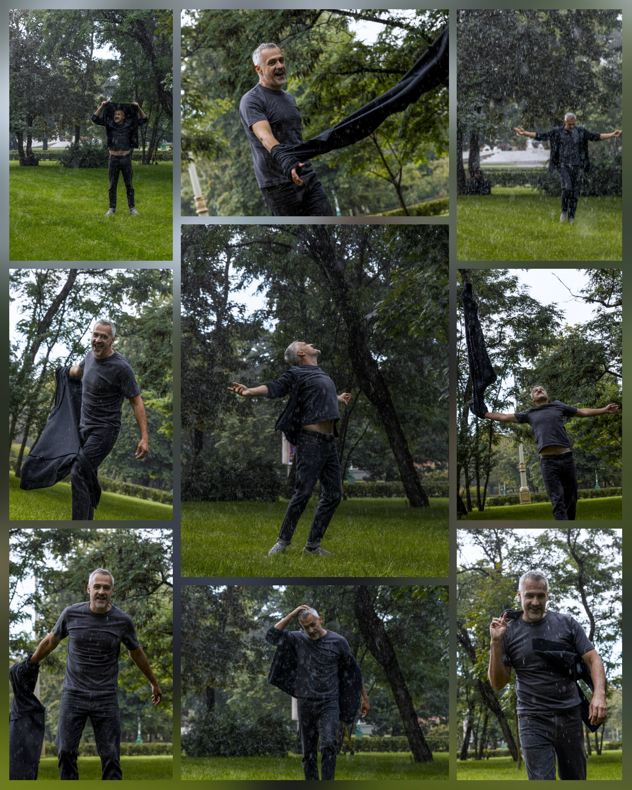 парень гуляет летом под дождём