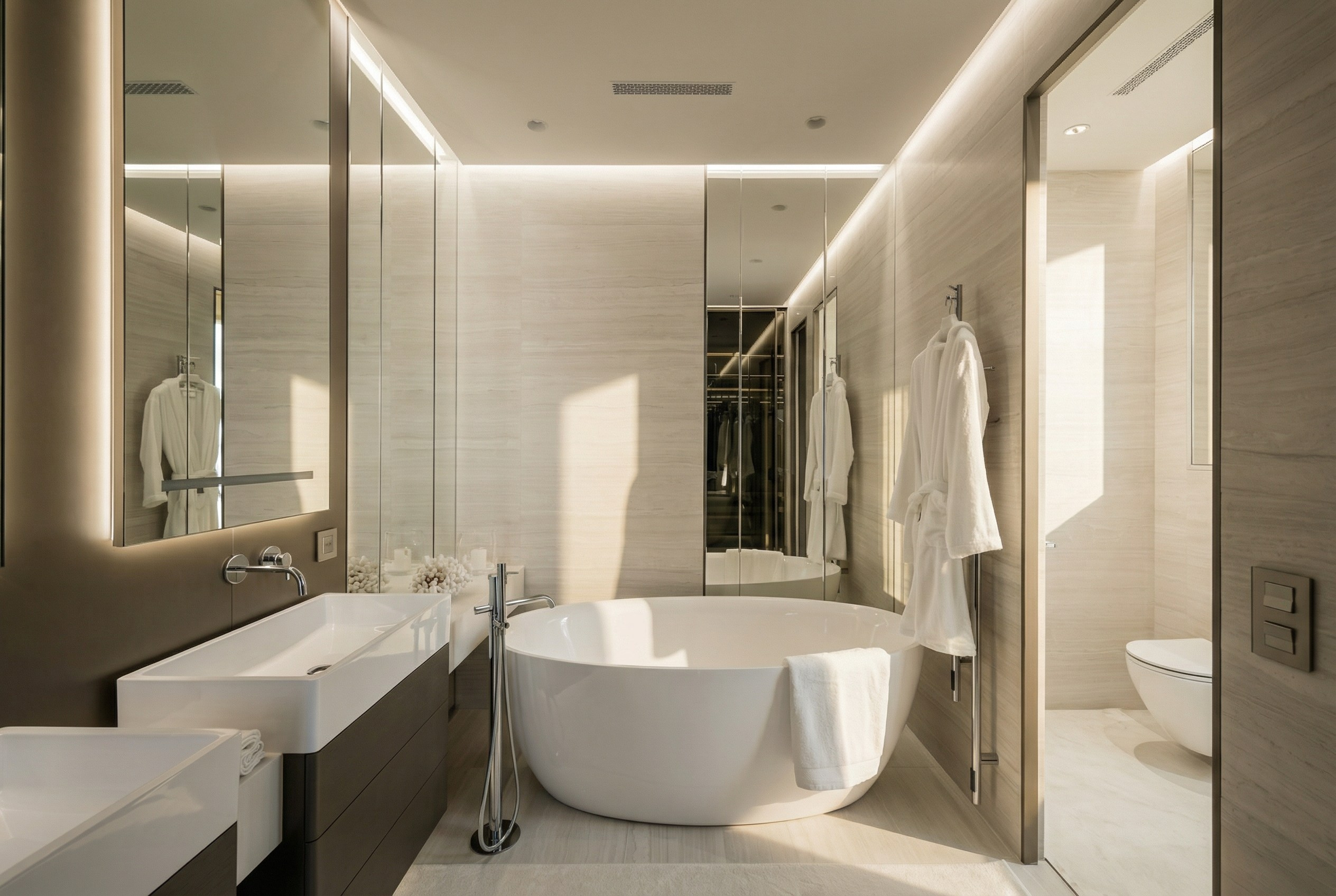 Интерьер ванной комнаты в квартире 110 м² от Валерии Котович: отдельно стоящая белая ванна, двойная раковина, зеркала во всю стену и парящее освещение в стиле тихой роскоши.
