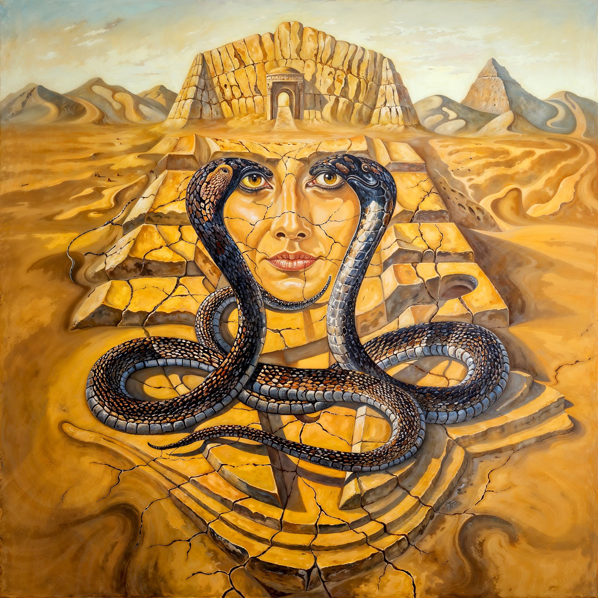 Цифровая картина по мотивам Артуша Восканяна: женское лицо, вписанное в форму пирамиды, с двумя змеями, образующими глаза, адаптация от Olegorizm.