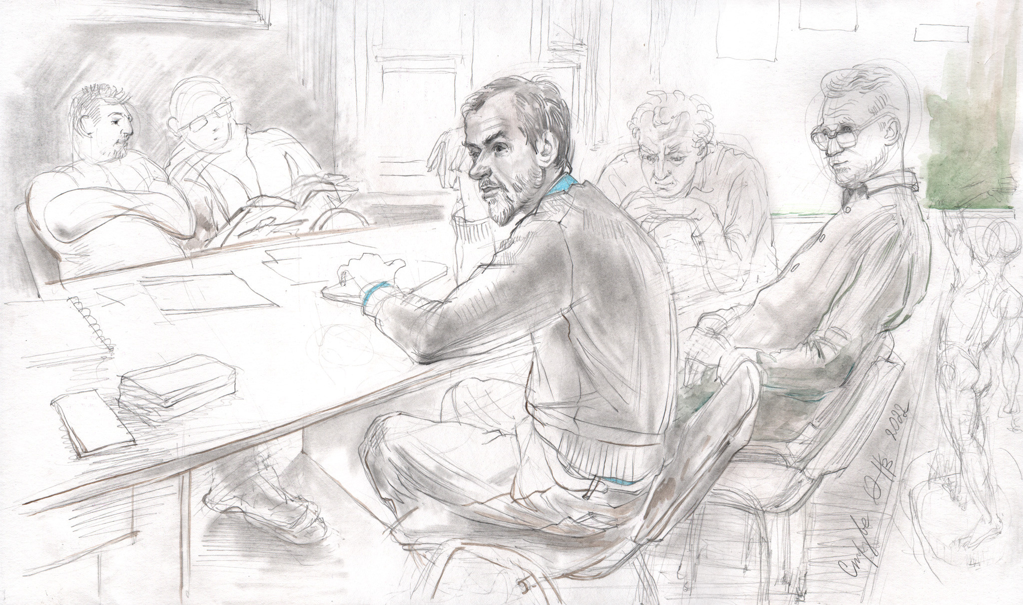 На заседании. Бумага, графитный карандаш, акварель