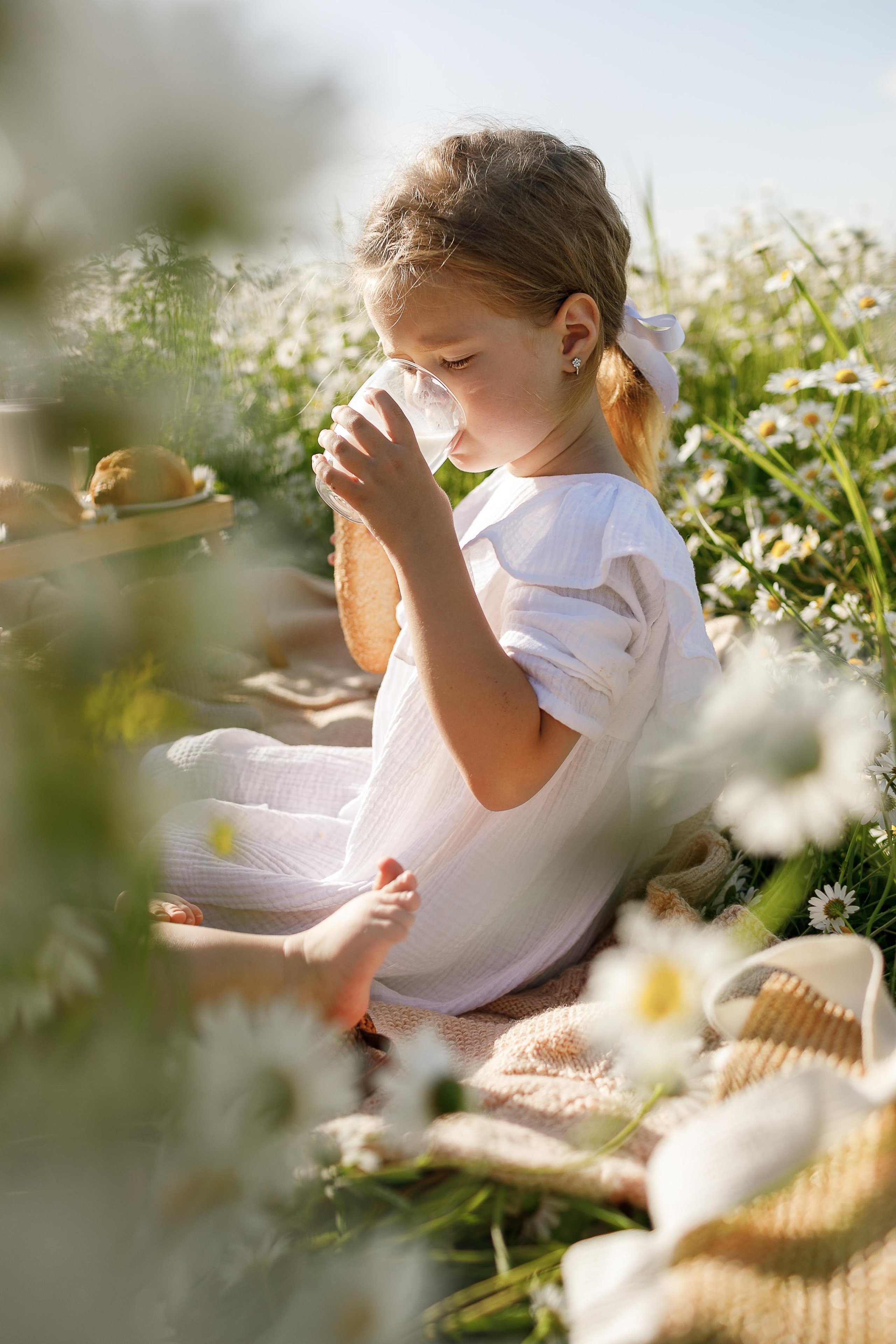 Девочка сидя в ромашковом поле пьёт молоко и греется на солнышке.  