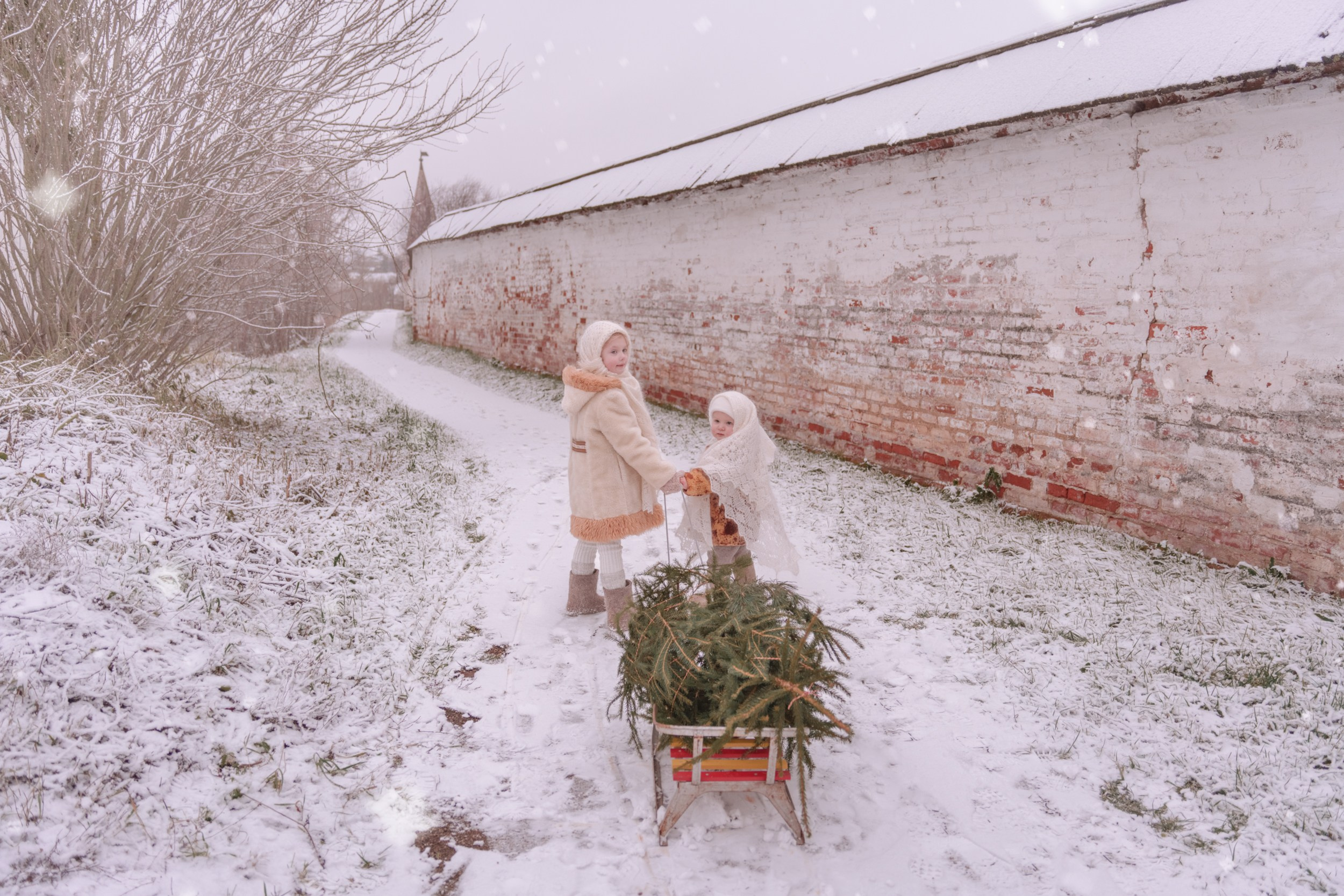 Очаровательные малышки играют в снегу в Суздале