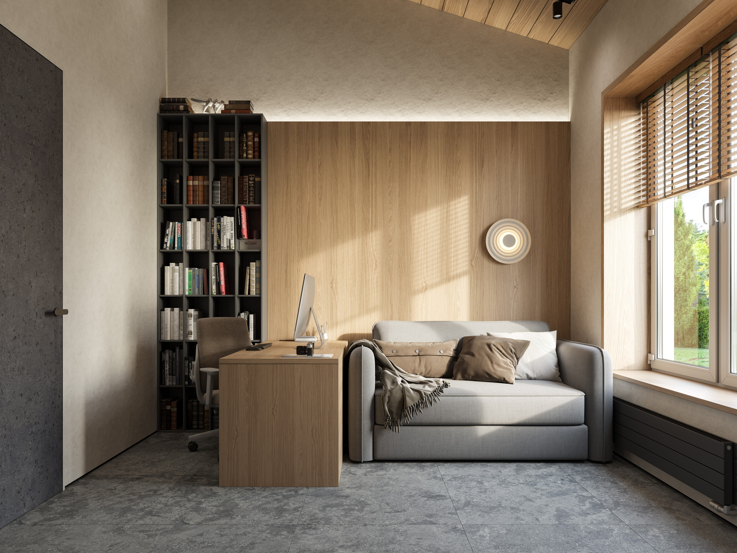 3D визуализация рабочего кабинета с видом на сад в стиле минимализм