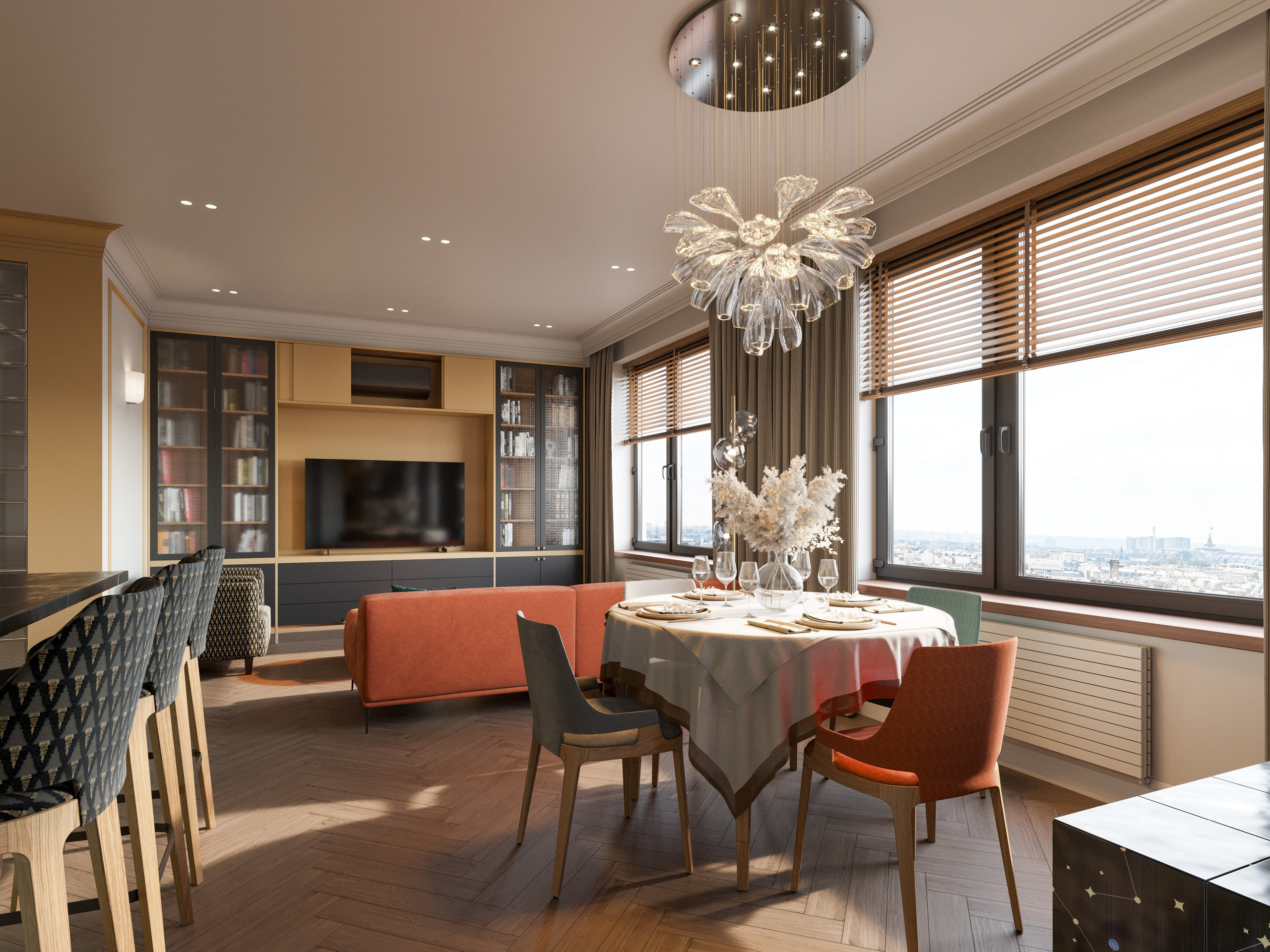 Современная гостиная с рыжим диваном и желтой стенкой- 3D визуализация смелой колористики