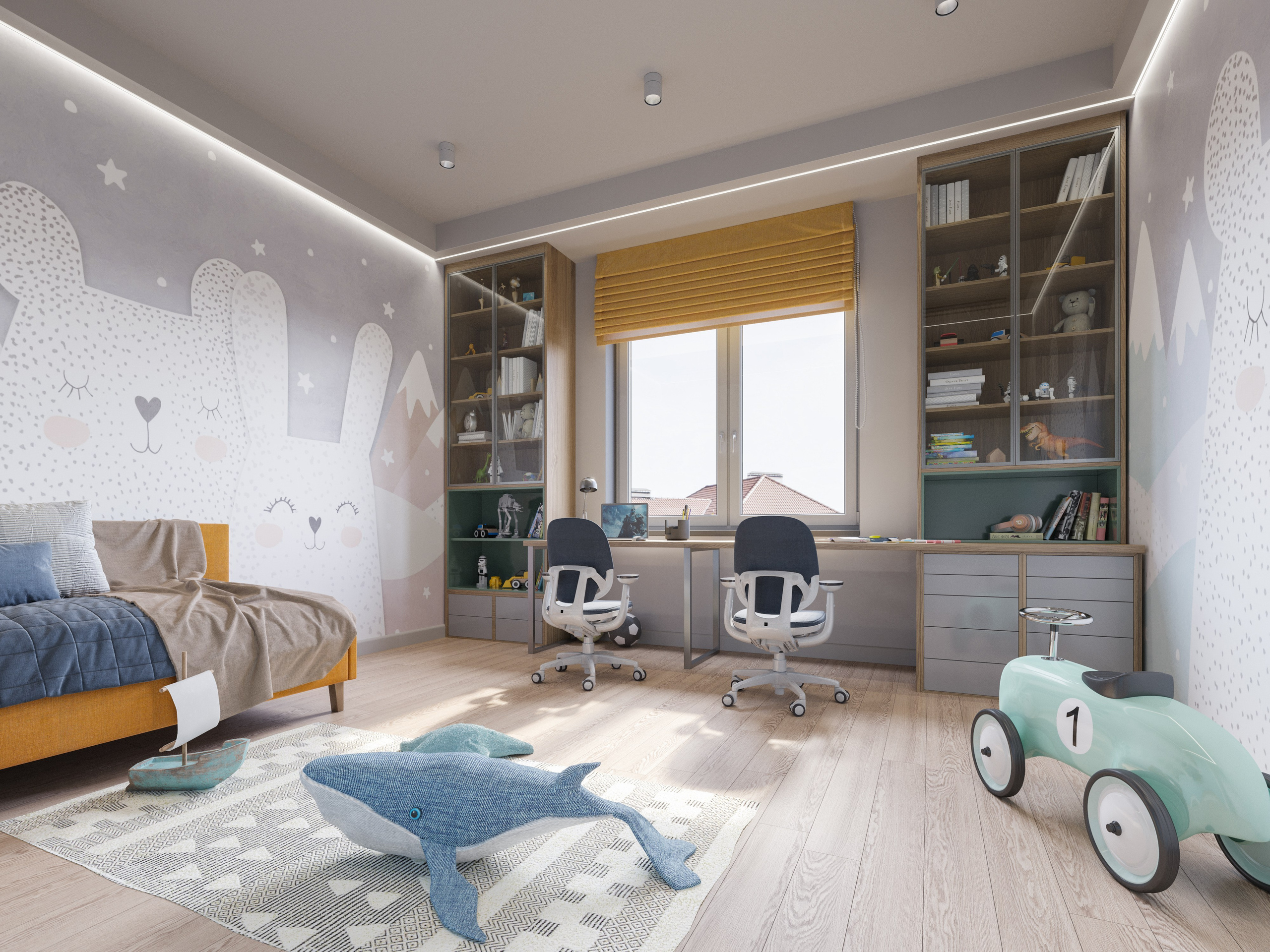 Рендер учебной зоны в детской с эргономичным столом на два рабочих места и книжными полками