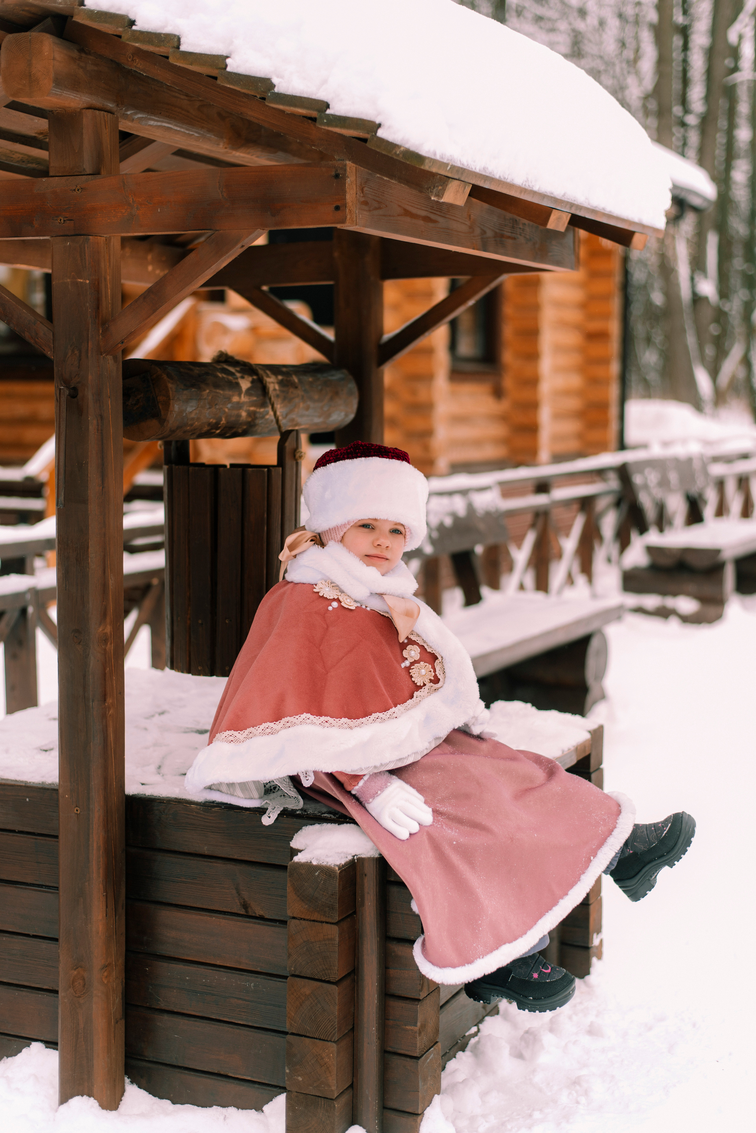детская фотосессия, в русском стиле, колодец, зима, снег