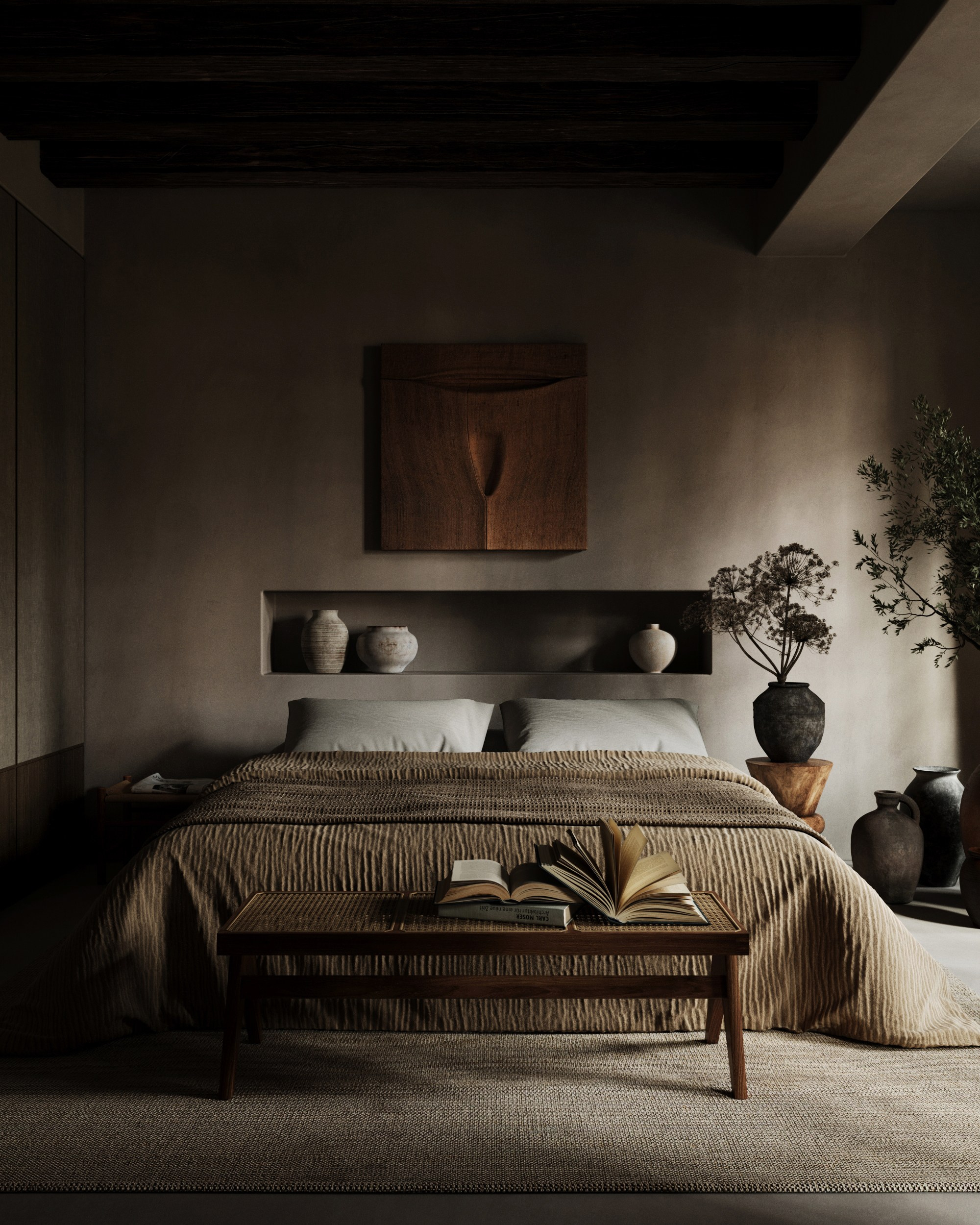 Спальня в стиле Wabi-Sabi. Создание 3д визуализаций. Анимированное видео. Сборка сцен