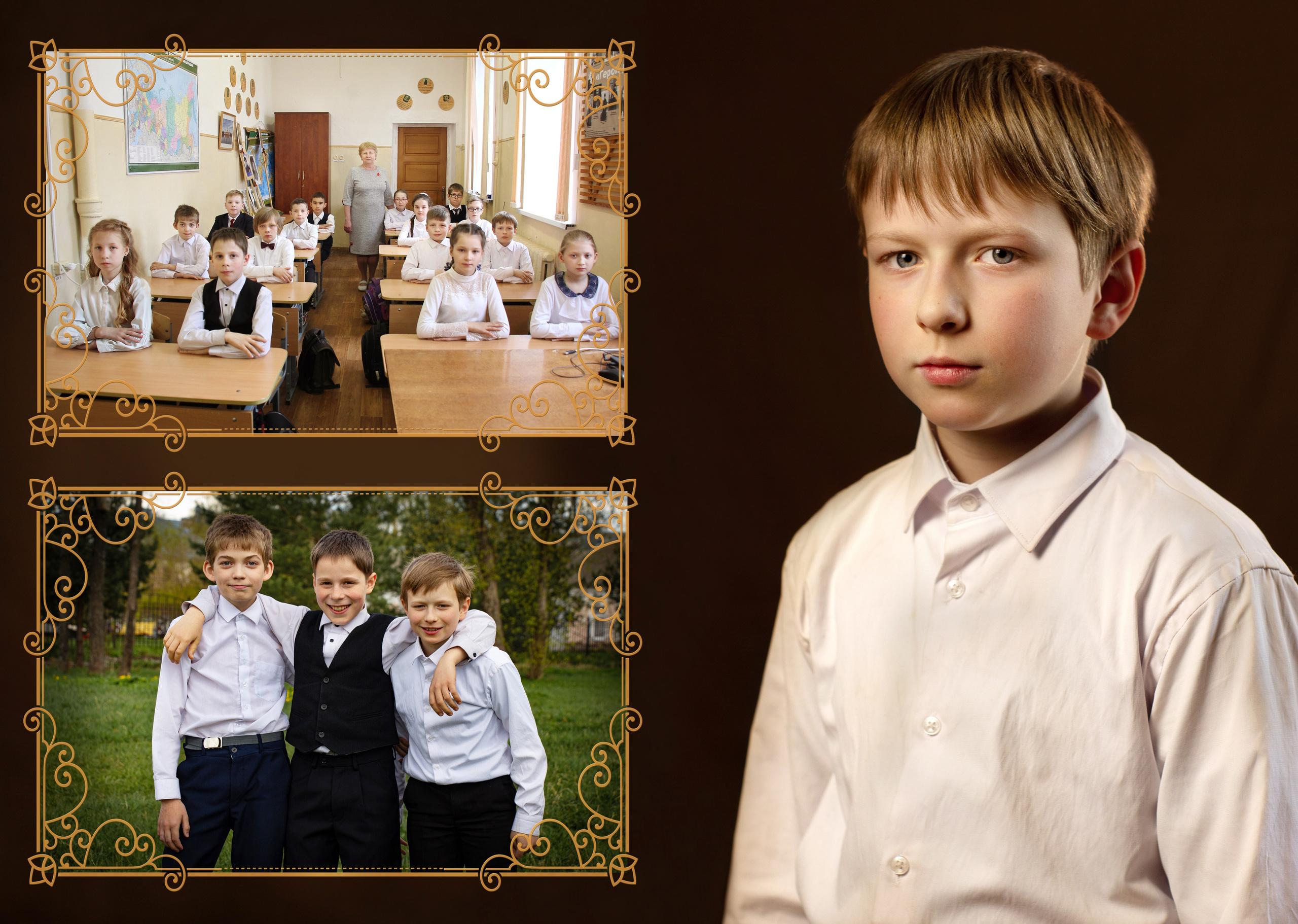 Фотокнига выпускной 4 класс. Твердая фотообложка. Страницы из картона с глянцевой ламинацией. От трёх разворотов. Фотограф в Москве Юлия Карпова