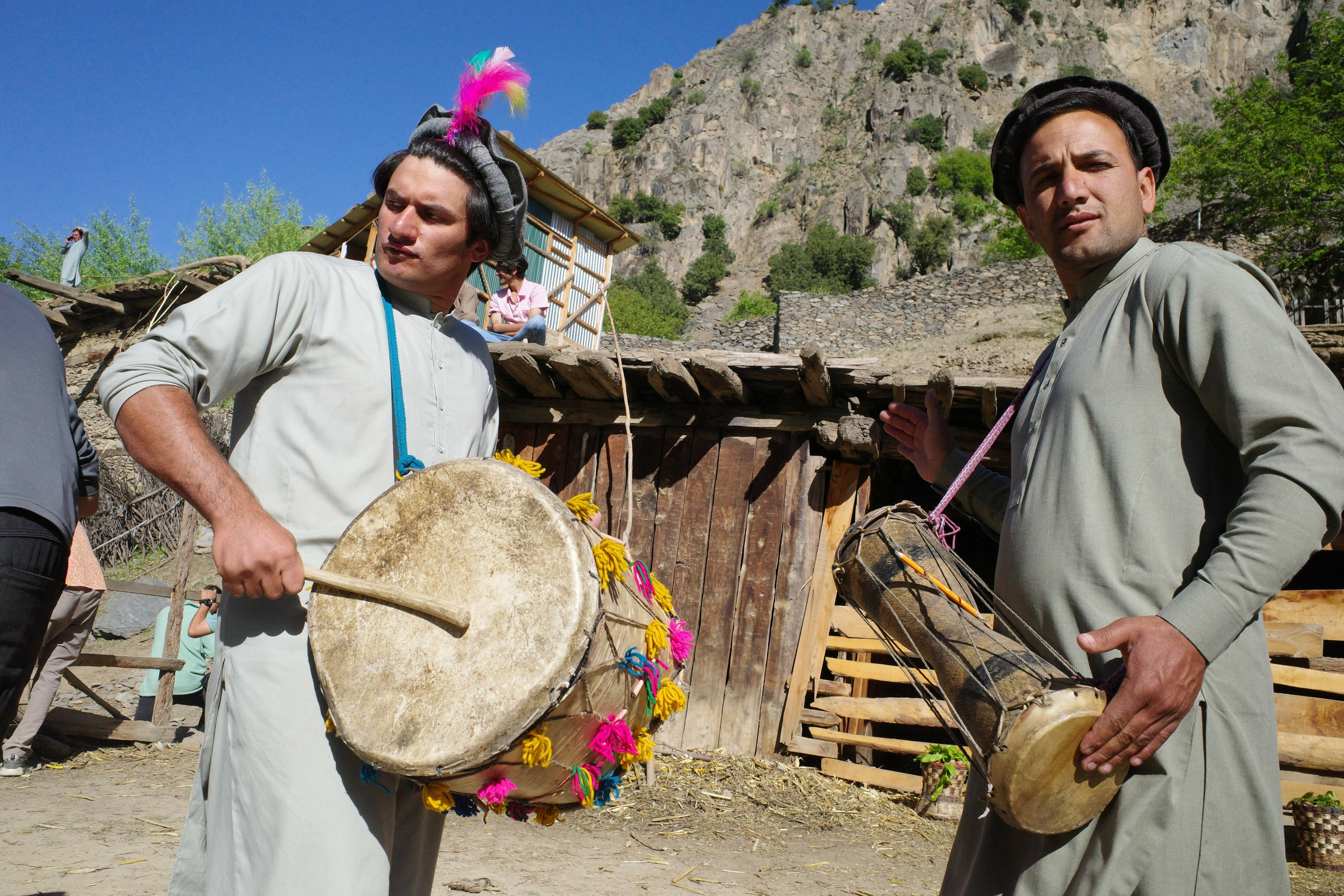 Drummers perform ritual music to the songs of Chilam Joshi, Bumburet Valley