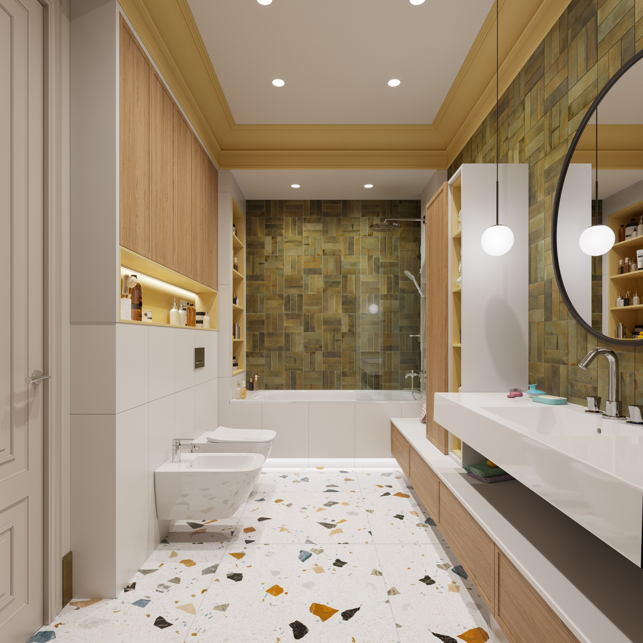 Детский санузел в якрой неоклассике с раковиной на тумбе и безопасной сантехникой