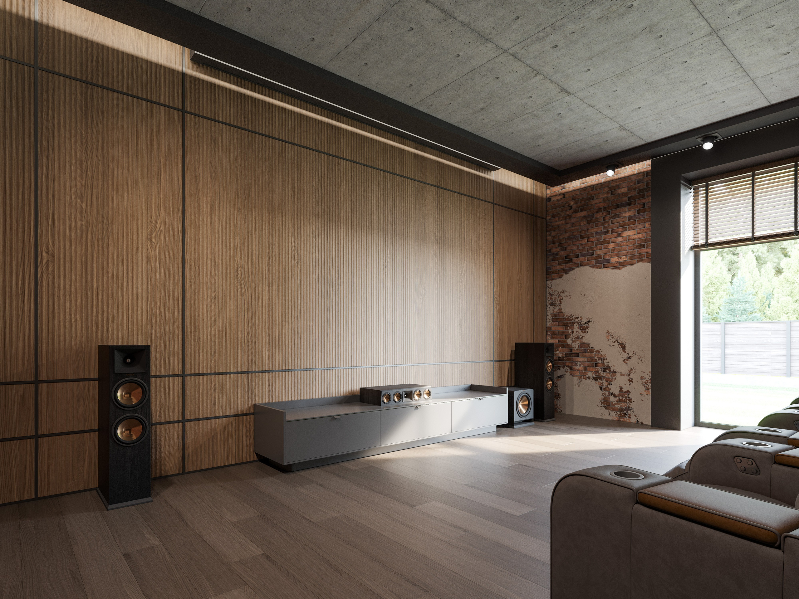 Стеновые панели в кинотеатре и кирпичная стена, 