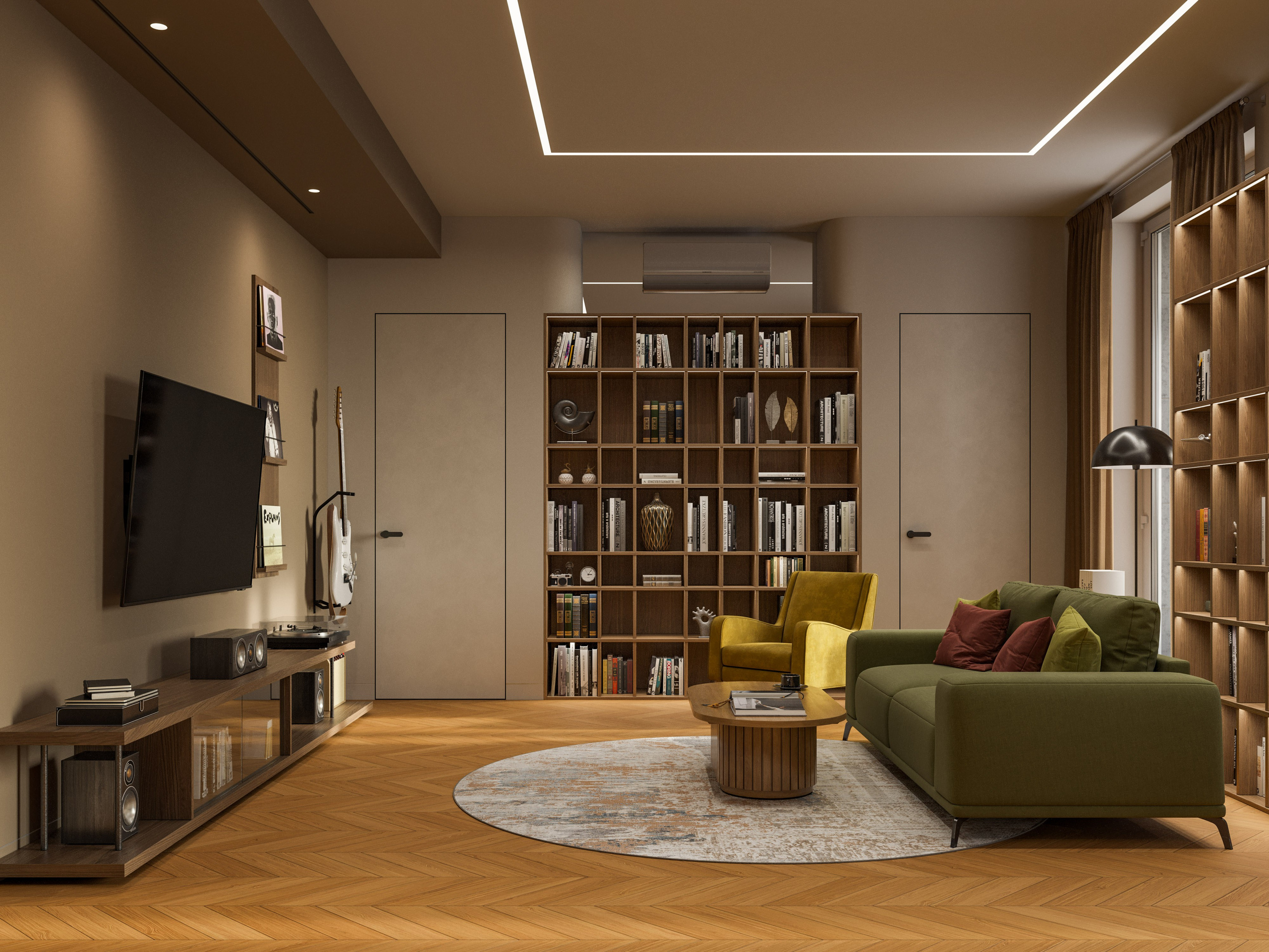 Яркий интерьер квартиры с цветовыми акцентами в современном стиле - общий план гостиной