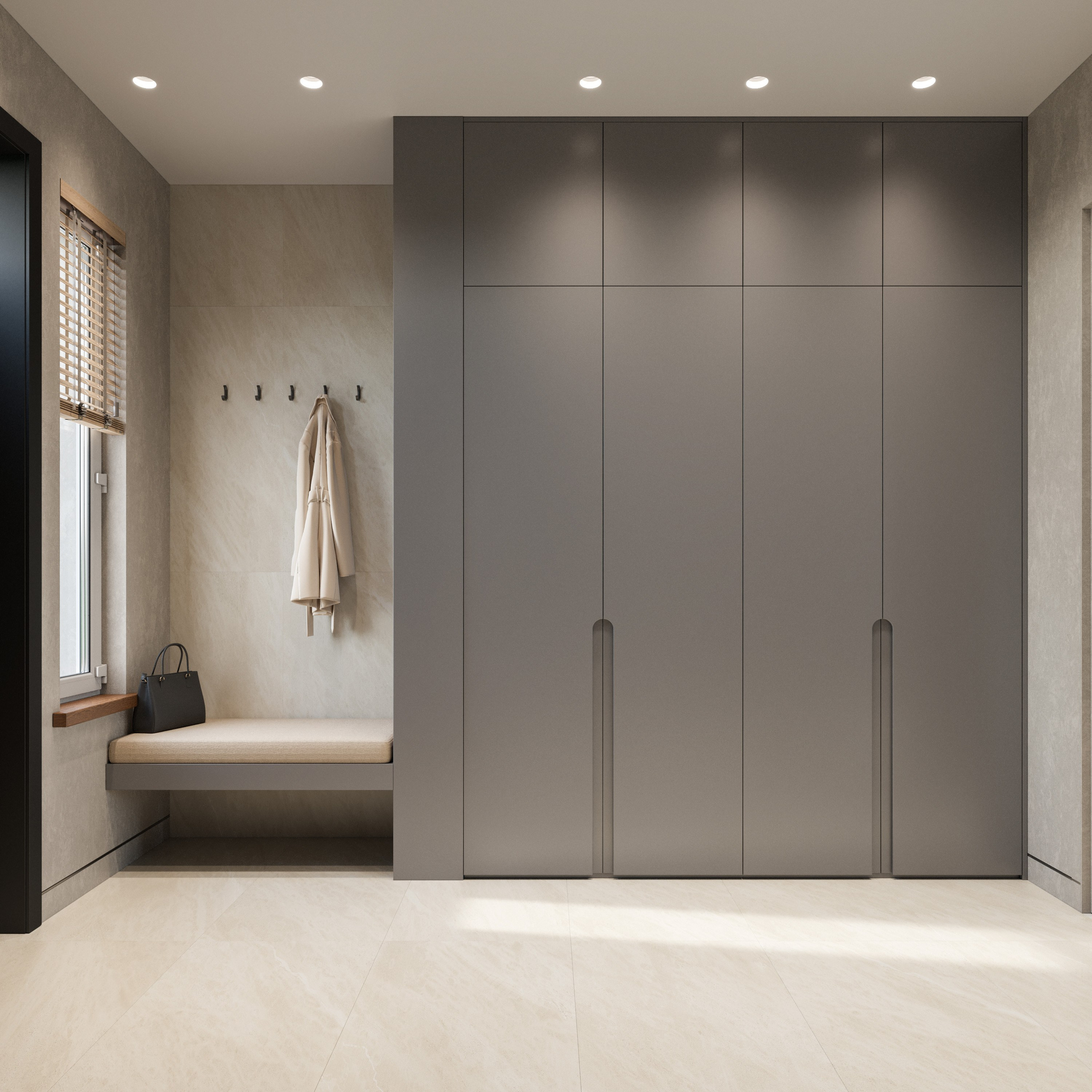 Прихожая в стиле минимализм с бежевой отделкой и зеркальным шкафом