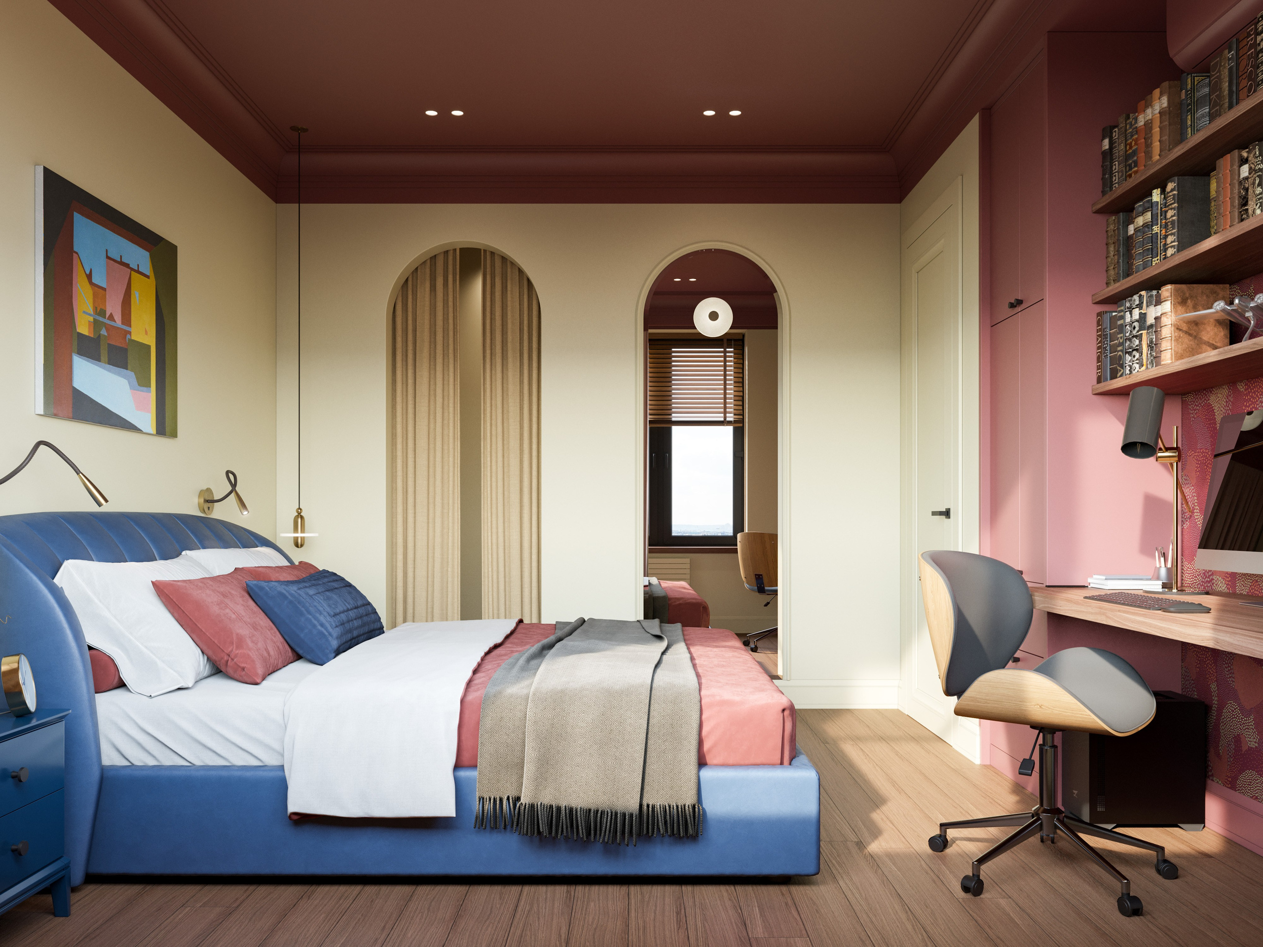 Гардеробная скрыта за желтой шторой в ярком интерьере спальни