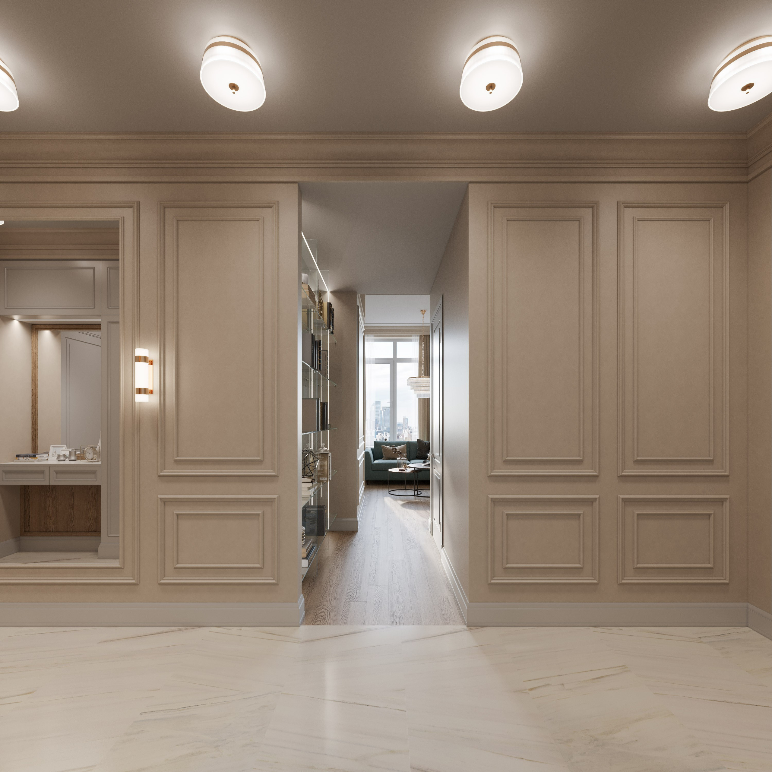 Дизайн холла в квартире в стиле современная классика.