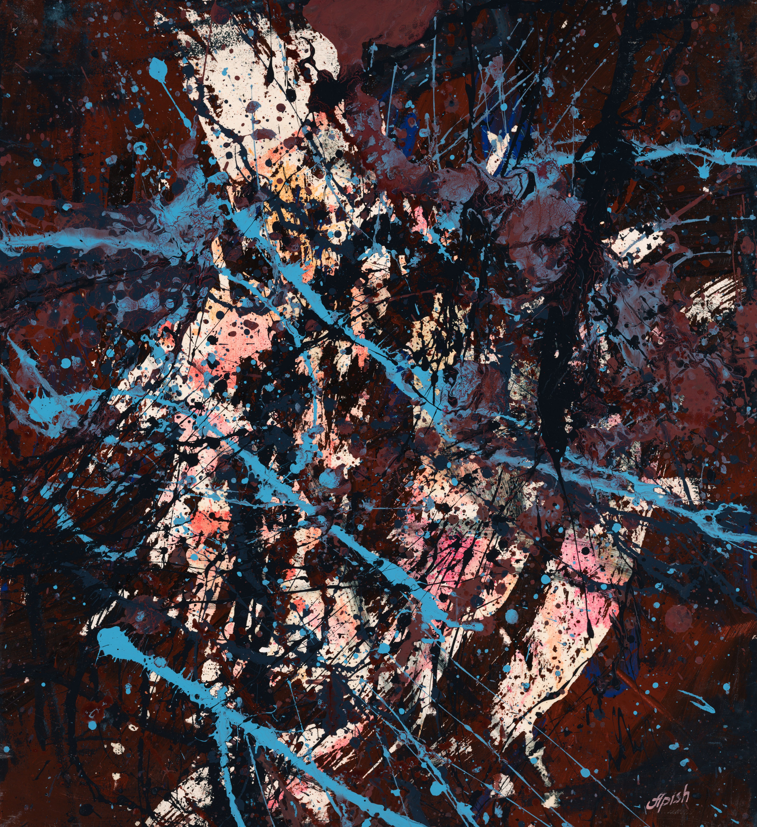 «Поллокинез» - художник Алексей Апиш (бумага, оргалит, акрил, 47x43 см, 2025)