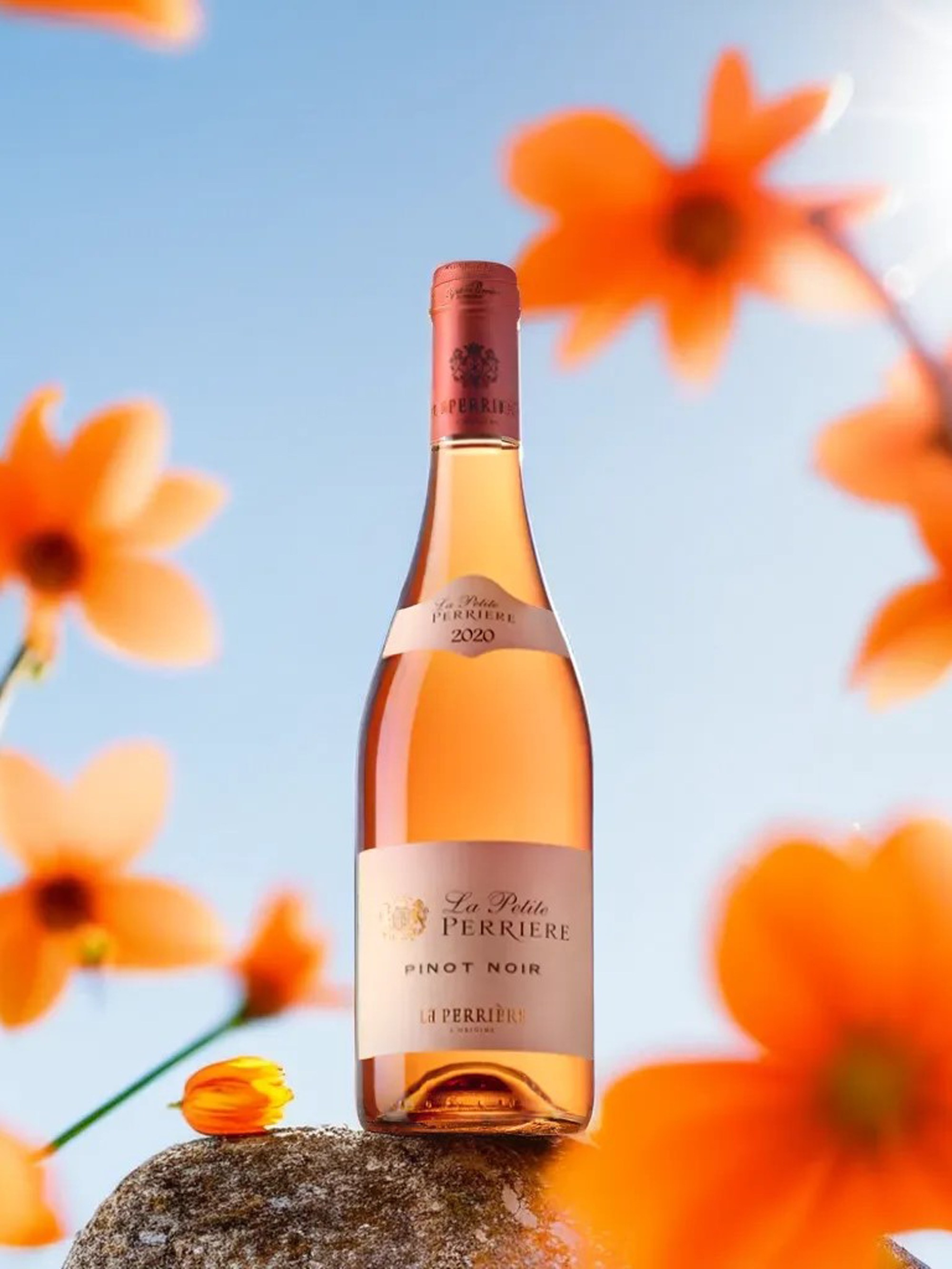 бутылка розового вина на фоне неба в цветах